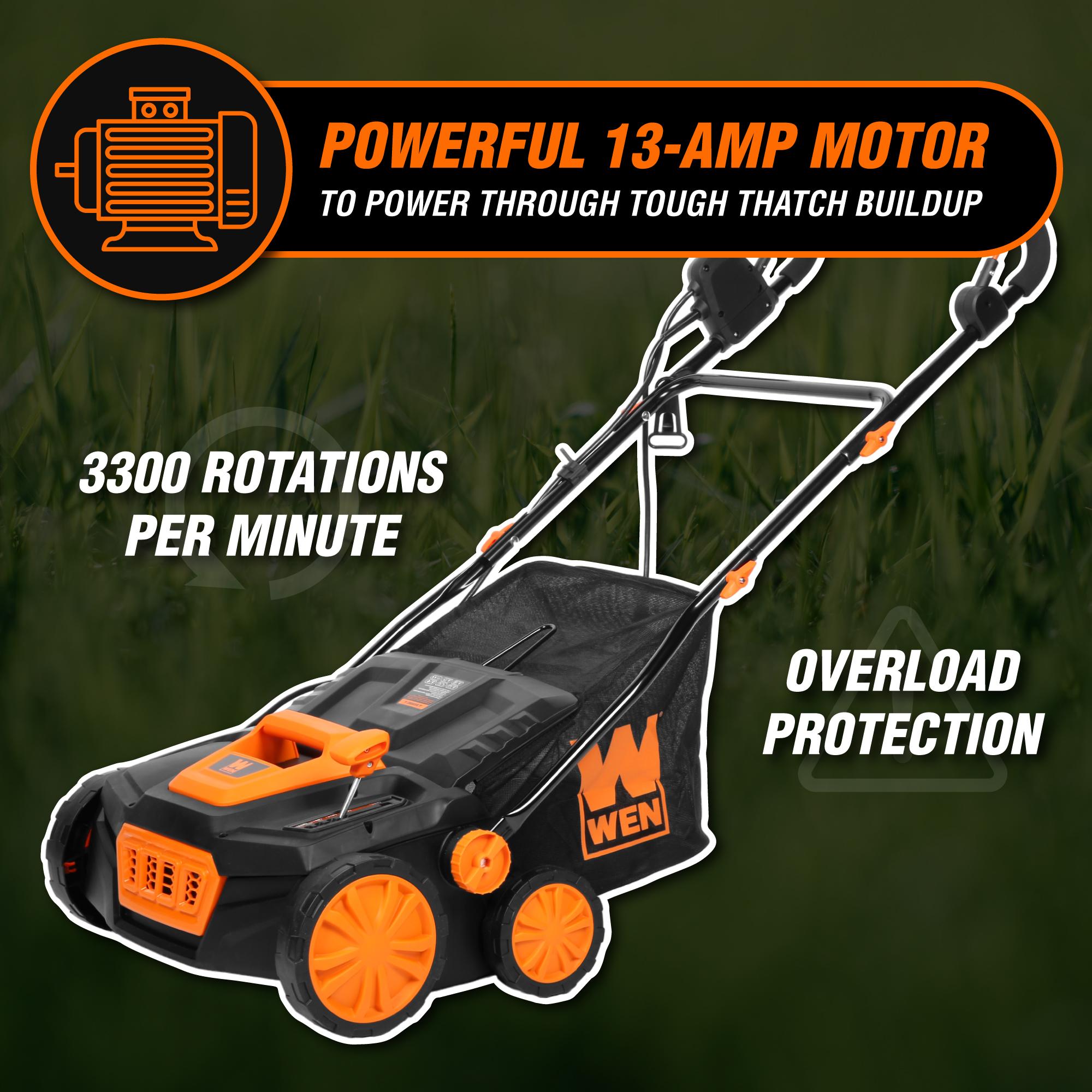 WEN DT1315 15-Inch 13 Amp 2-in-1 Electric Dethatcher & Scarifier with Collection Bag | Lawn Care & Yard Maintenance for Thatch Removal & Soil Aeration