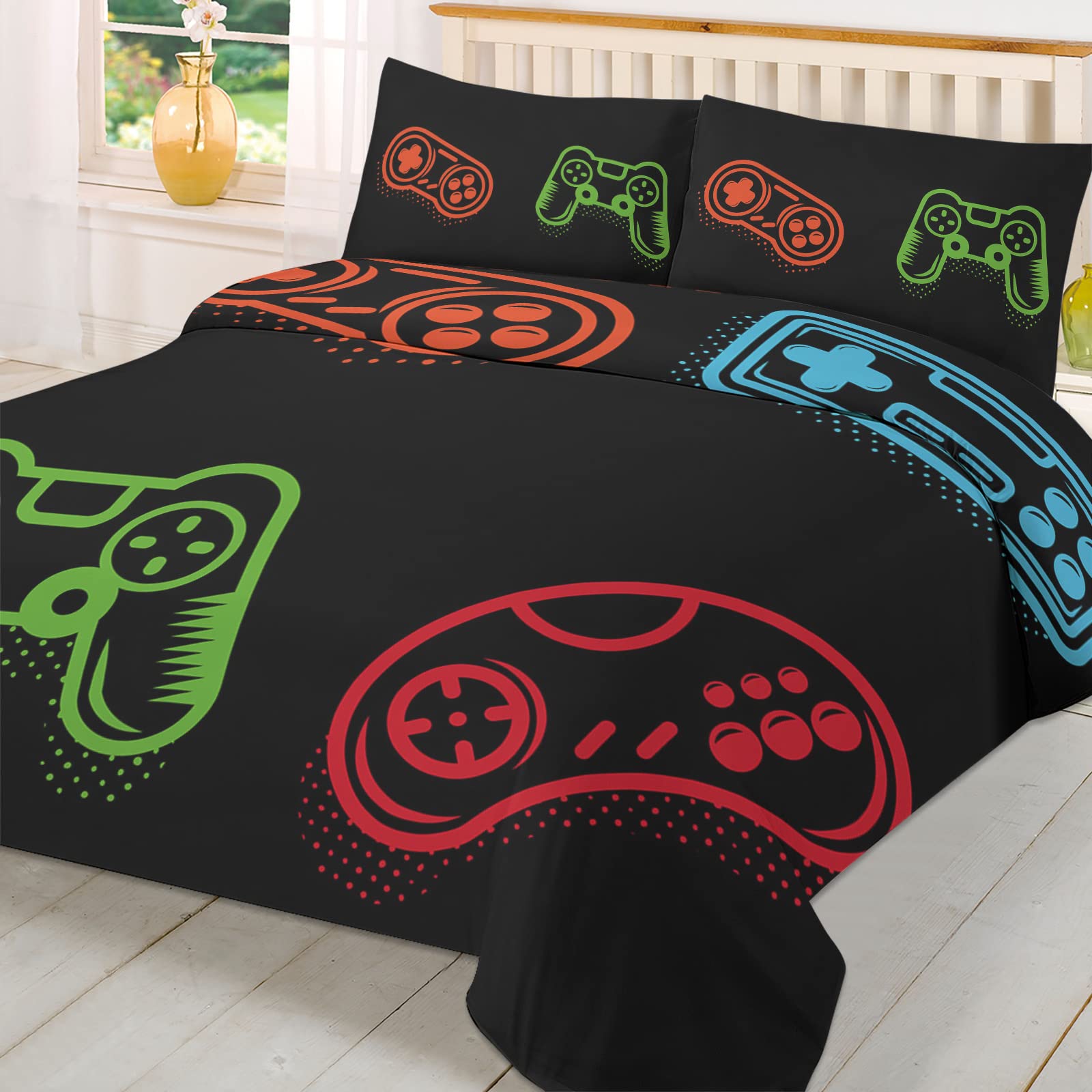 3-Piece Twin Duvet Cover Set with Zipper - Cartoon Game Controller Print Soft Microfiber Bedding for Kids (Orange, Blue, Green, Red) | Perfect for Boys, Girls & Nursery Decor | Cozy Gaming-Themed Bedroom Upgrade