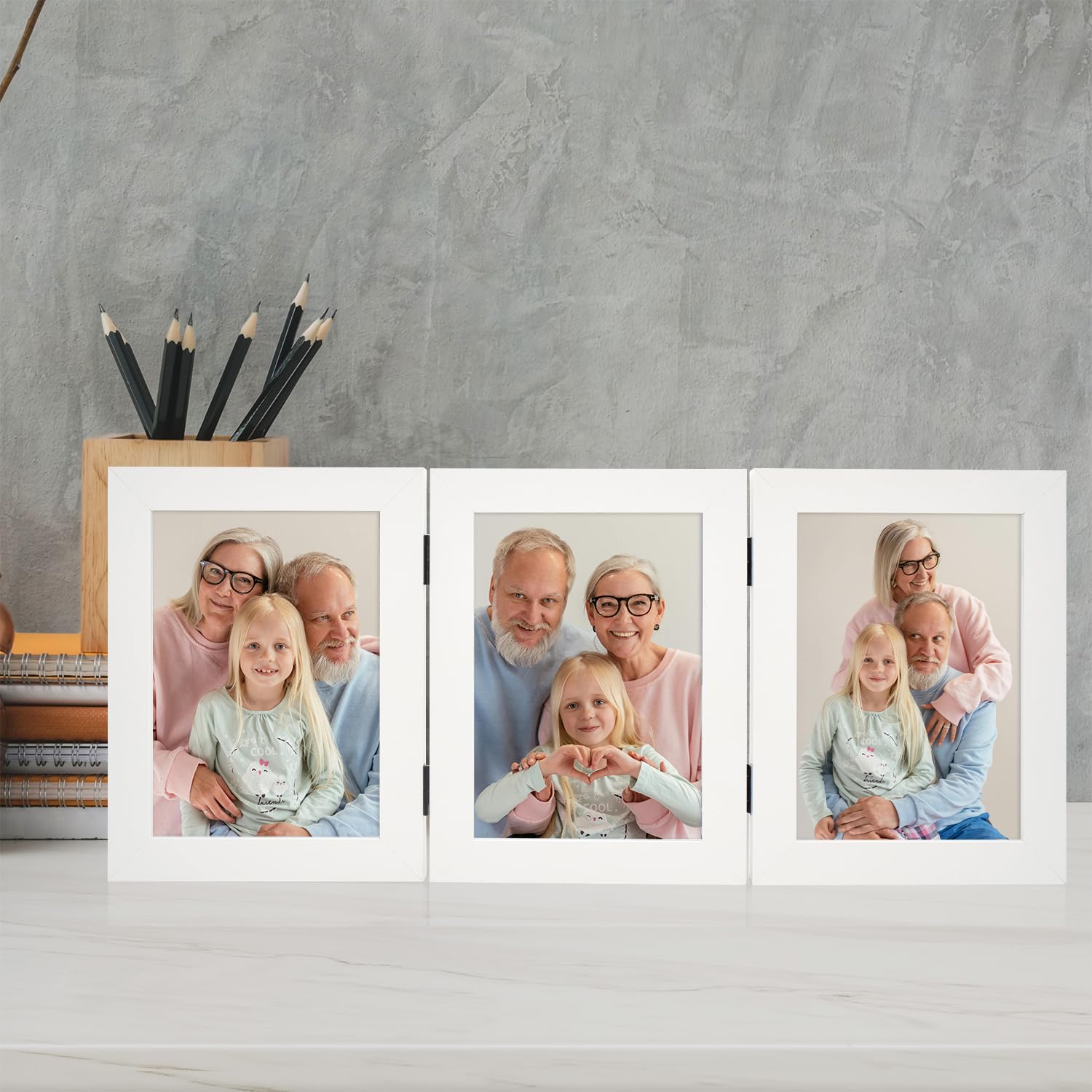 Frametory 5x7 Triple Picture Frame - Trifold Collage Photo Frame with Glass Front, Hinged Tabletop Display for Home & Office Decor (White, 1 Pack) - Perfect for Family Photos, Wedding Memories & Graduation Pictures