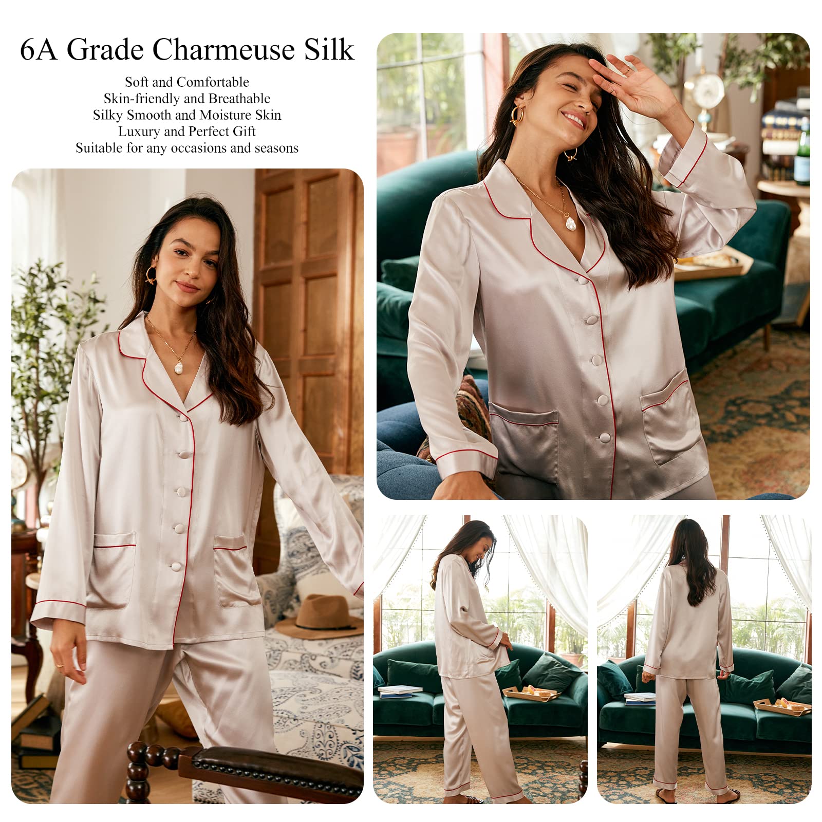 Luxury Women's 100% Mulberry Silk Pajama Set - Slim Fit Long Sleeve Sleepwear & Loungewear - 22 Momme Classic Silk Pajamas for Women - Perfect for Sleep, Relaxation & Bridal Nightwear
