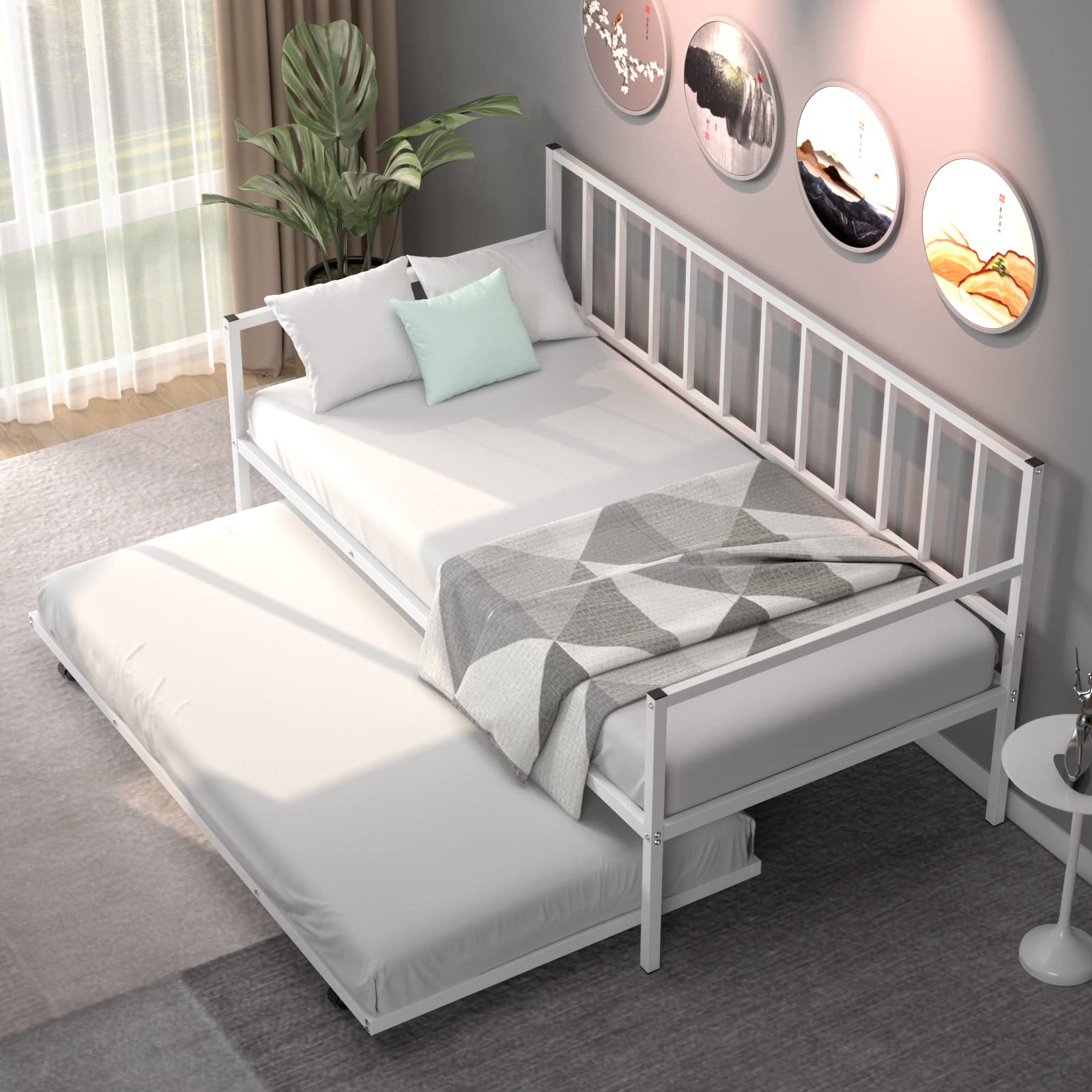 KOMFOTT Twin Daybed with Trundle - Sturdy Metal Bed Frame Set with Wheels & Slat Support, No Box Spring Needed - Perfect for Living Room, Guest Room & Small Spaces (Convertible Sofa Bed for Overnight Guests)