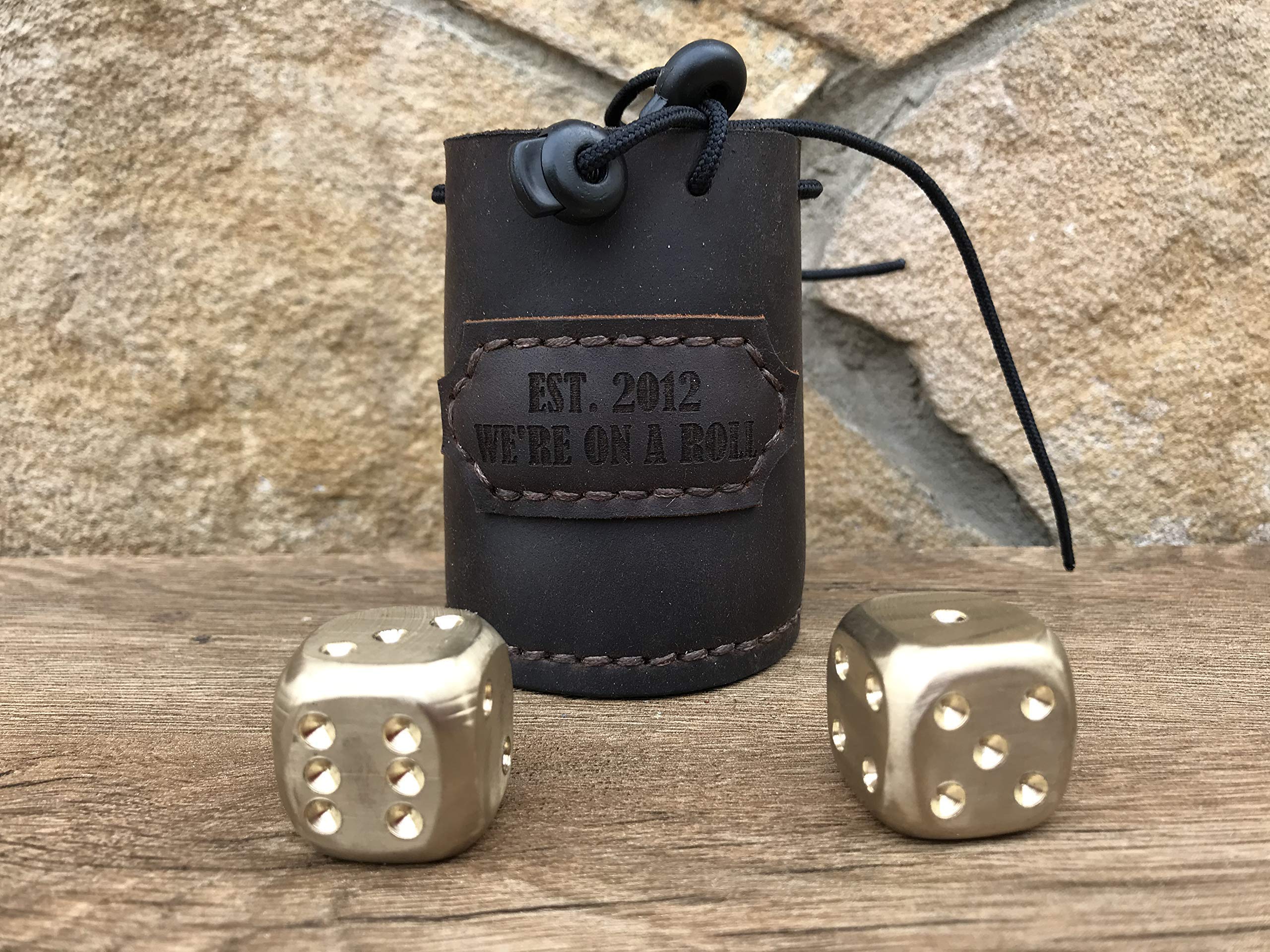 Handcrafted Bronze Dice Set in Premium Leather Bag - Personalized Engraved 8th & 19th Anniversary Gift for Him/Her - Perfect for Tabletop RPG Games, Casino Nights & Special Occasions