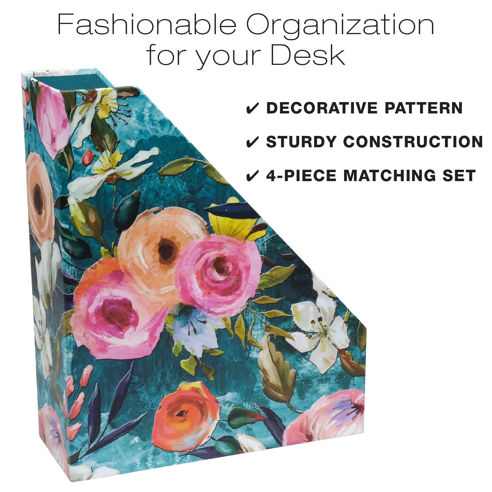 Floral Printed Desk Organizer Set - Letter Tray, Folder Stand, 3-Section Organizer & Pen Holder - Stylish Home Office Organization for Work & Study
