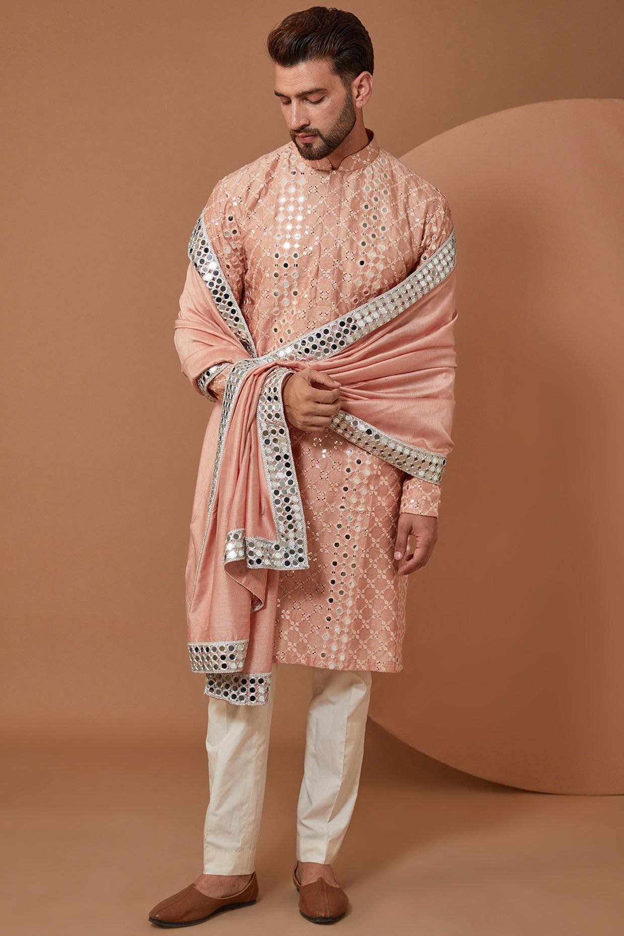 Peach Signature Mirrorwork Kurta - Embroidered Indian Tunic Top for Women | Perfect for Festivals, Weddings & Ethnic Wear