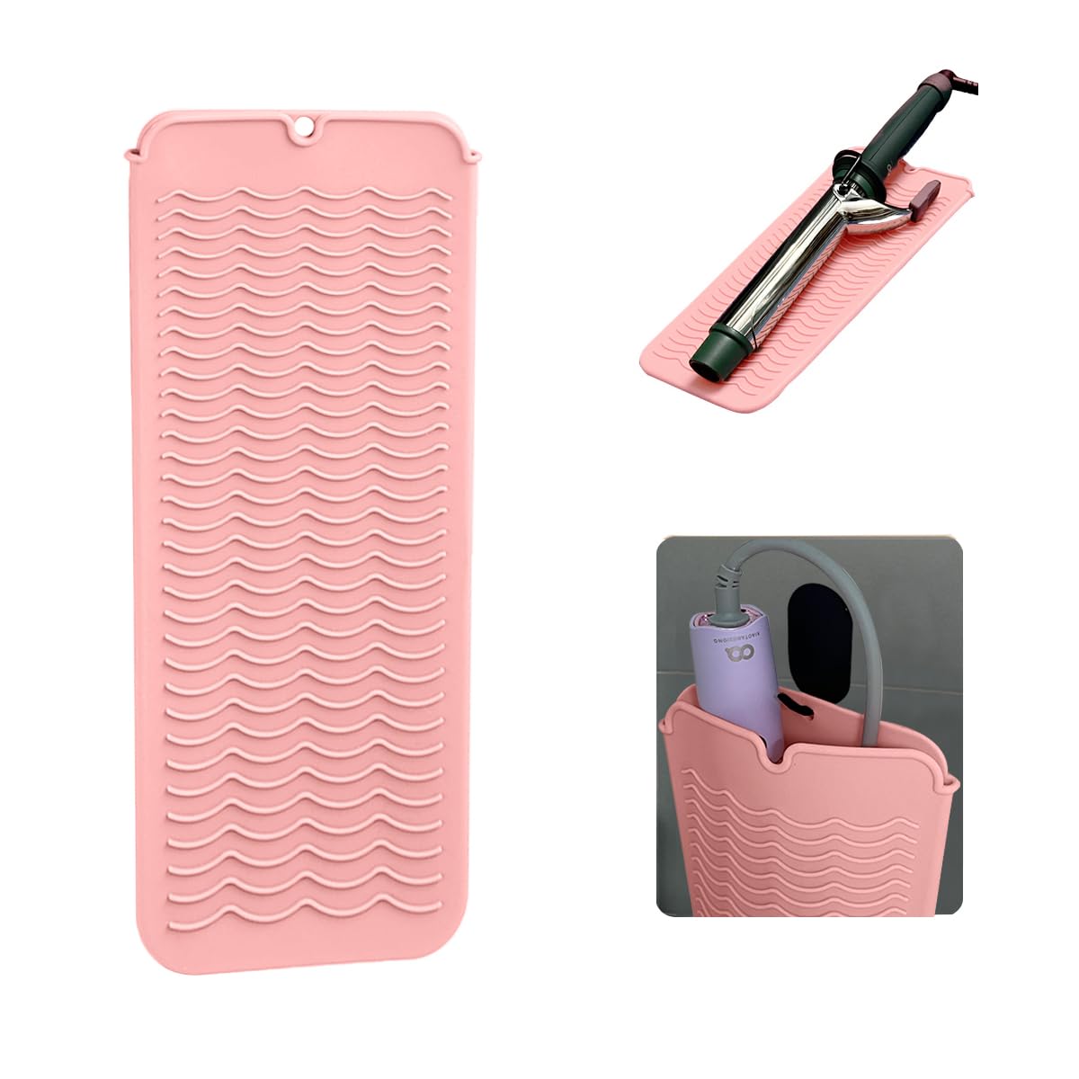 Heat Resistant Silicone Mat with Hanging Hole - 11x5 Inch Straightener Heat Protector Pad for Curling Iron, Flat Iron & Hair Styling Tools - Travel-Friendly Pink Mat & Pouch - Perfect for Home, Salon & On-the-Go Styling