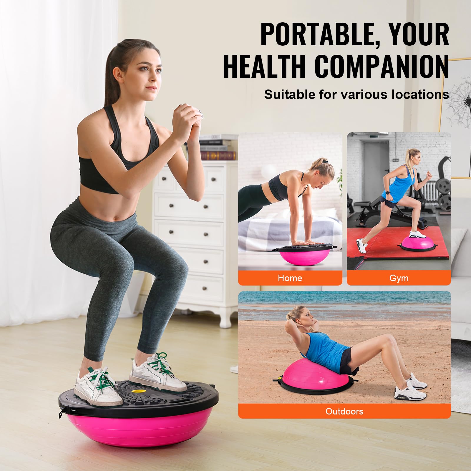 VEVOR 23/26 Inch Half Exercise Ball Trainer - 1500lbs Capacity Stability & Balance Ball with Resistance Bands & Foot Pump - Yoga Fitness Ball for Home Gym, Core Workouts, Pilates, Physical Therapy & Full Body Training (Black)