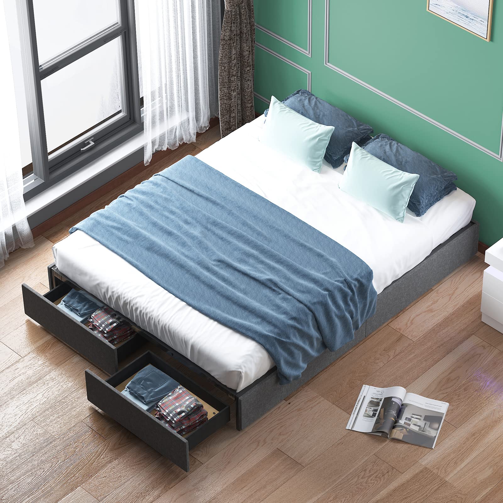 BALUS Queen Upholstered Platform Bed Frame with Storage Drawers - Heavy Duty Wood Slat Support, No Box Spring Needed, Noise Free & Easy Assembly, Dark Grey - Perfect for Small Bedrooms & Space-Saving Storage Solutions