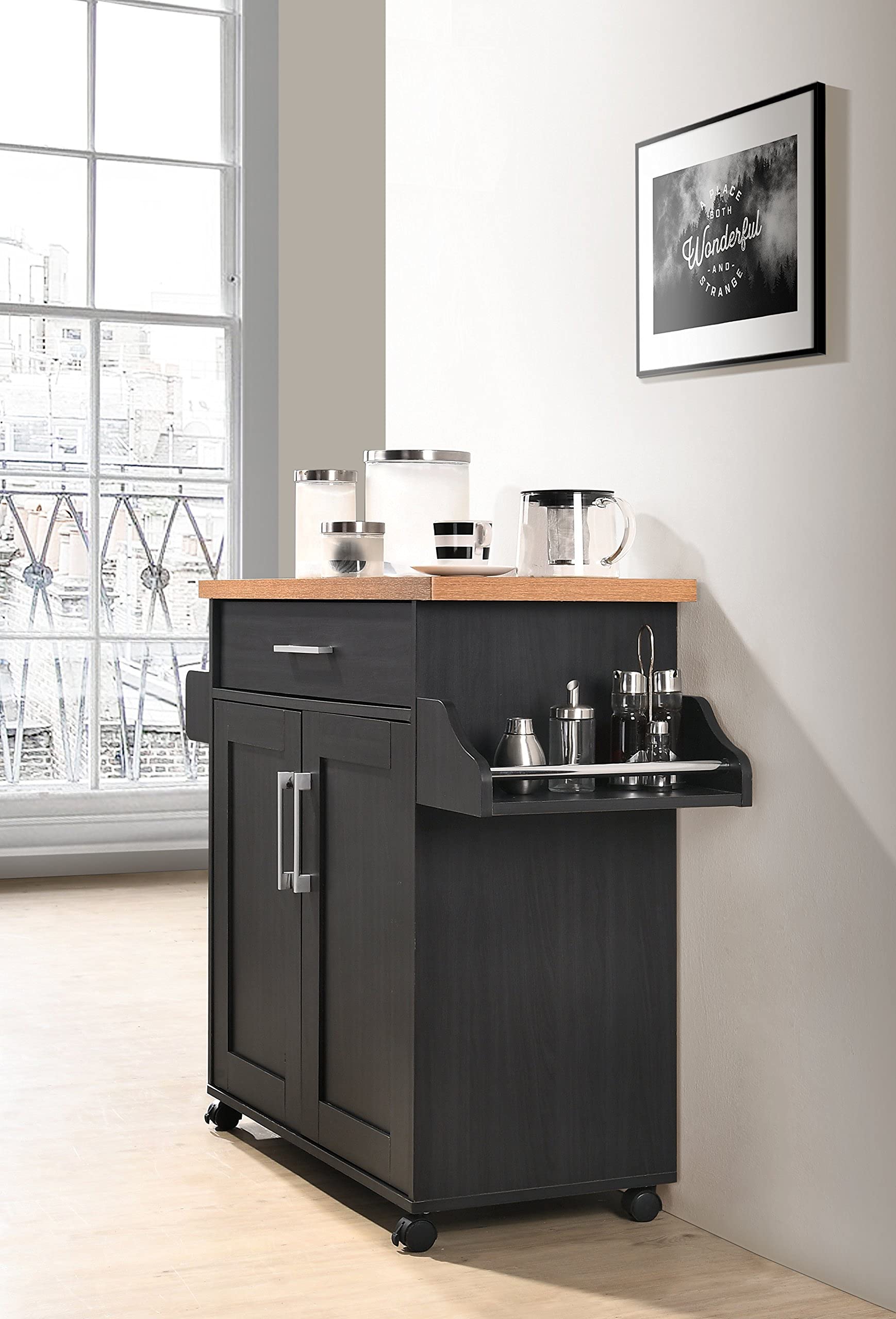 Hodedah Black Kitchen Island with Spice Rack, Towel Rack & Drawer - Beech Wood Countertop for Small Kitchen, Dining Room or Pantry Organization