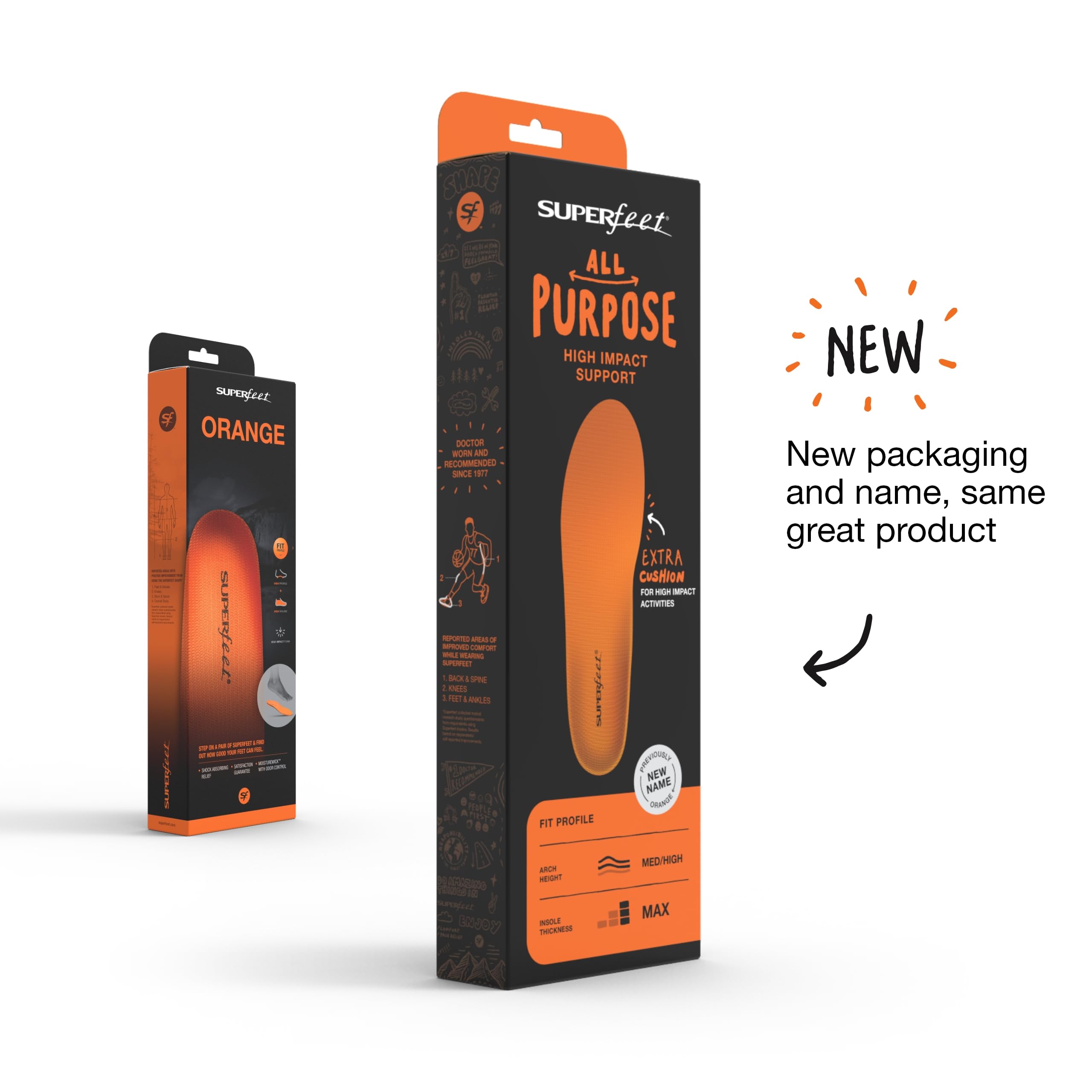 Superfeet All-Purpose High Impact Support Insoles (Orange) - Trim-To-Fit Orthotic Arch Support Shoe Inserts for Men & Women - Professional Grade Foot Pain Relief for Running, Walking & Work Boots