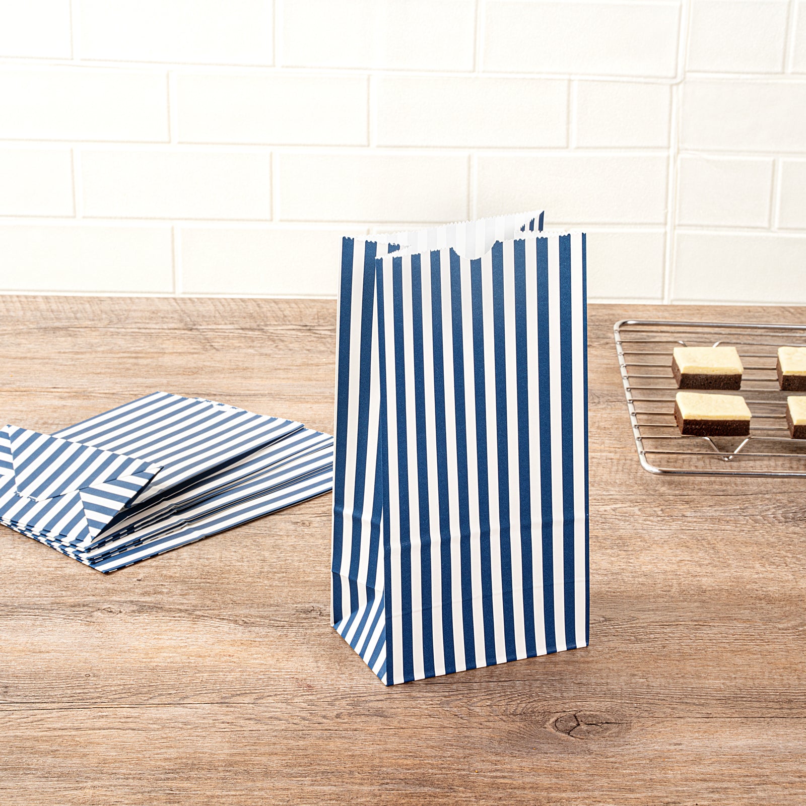 Blue and White Striped Paper Bags - 4 lb Capacity, 5 x 3.25 x 9.5 Inches - Pack of 100 - Perfect for Gift Wrapping, Party Favors, and Retail Packaging