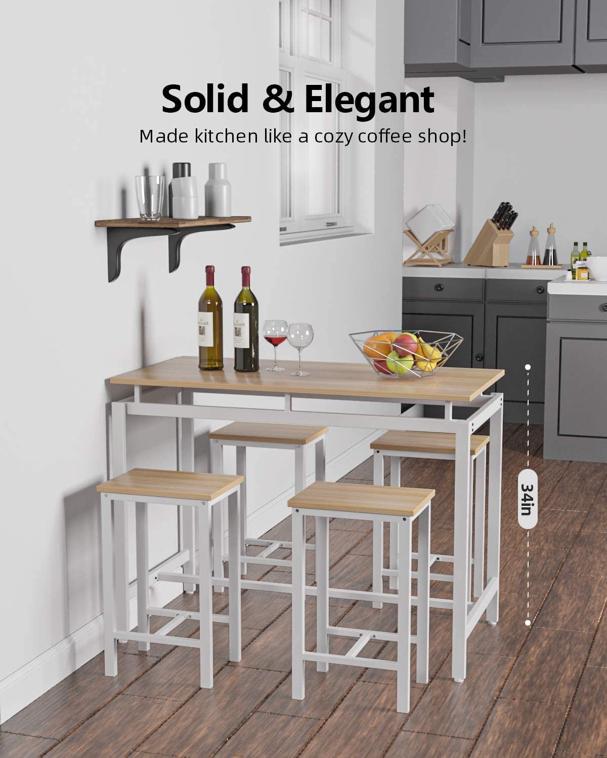 MIERES 5-Piece Wooden Pub Table Set for 4 - Elegant Beige & White Kitchen Dining Table (34.7
