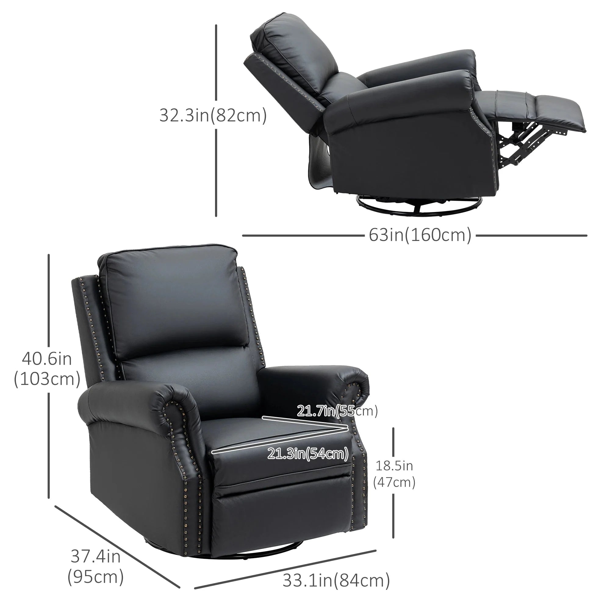 Faux Leather Swivel Rocker Recliner Chair with Nailhead Trim - Traditional Style Living Room Furniture for Relaxation & Comfort