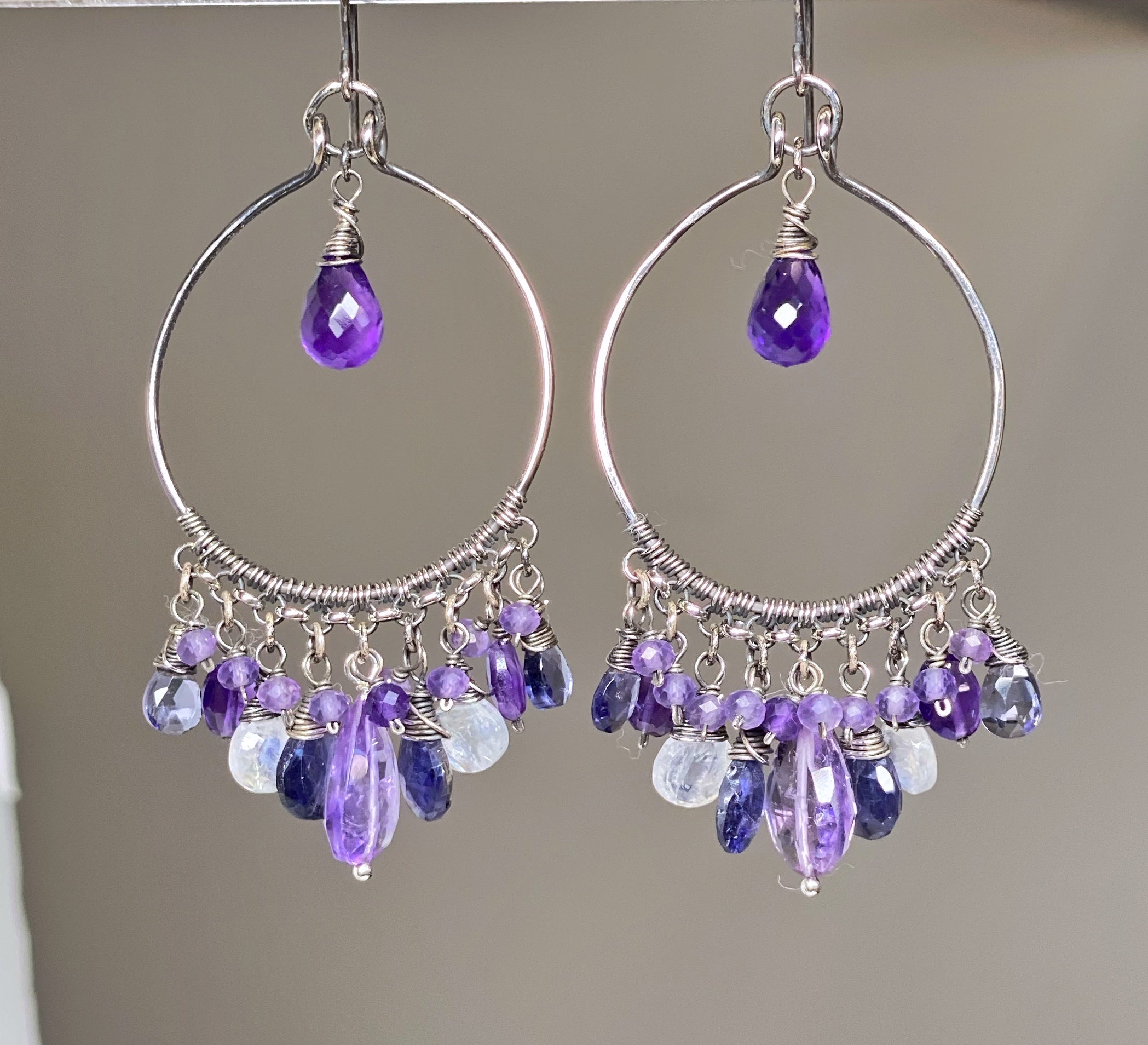 Blue Purple Gemstone Chandelier Hoop Earrings - Oxidized Silver Jewelry for Women, Elegant Dangle Earrings for Party, Wedding & Special Occasions