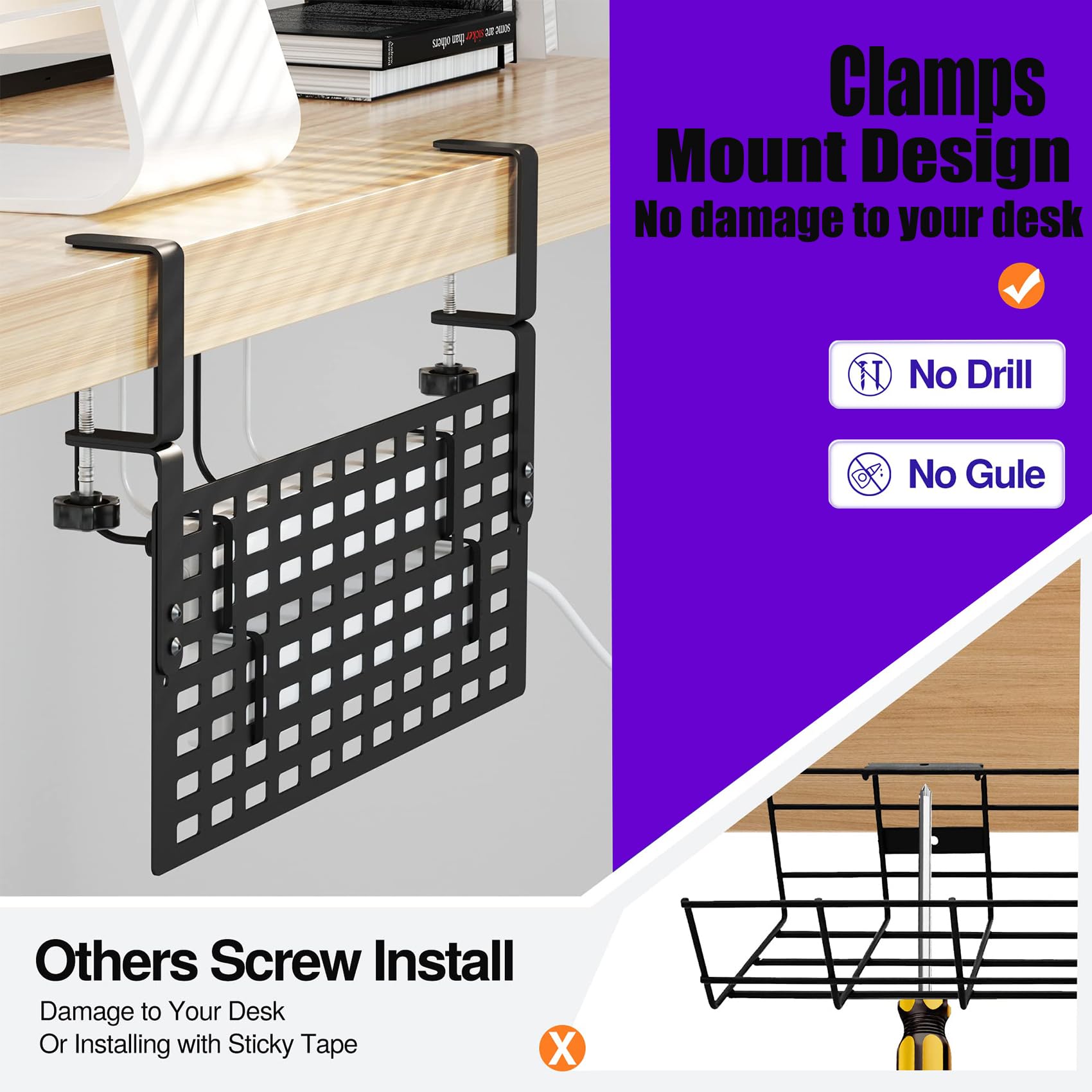Under Desk Cable Management Organizer - No Drill Metal Cable Clips with Clamp for Power Strips & Wires | Perfect for Home Office, Gaming Setup & Workspace Organization