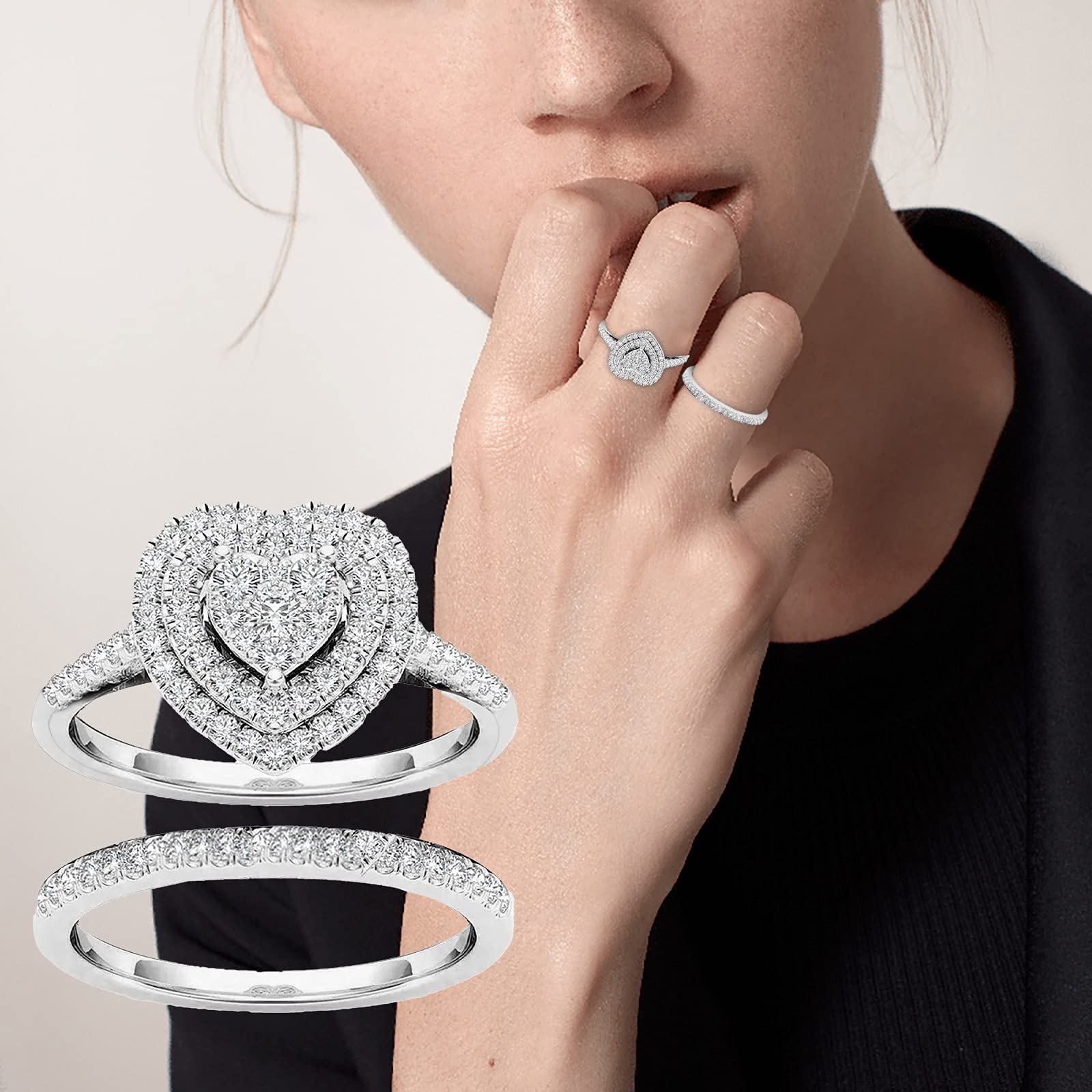 2Pcs Elegant Heart-Shaped Rhinestone Rings for Women - Wedding, Birthday, Bridal Jewelry - Perfect for Engagement, Anniversary, and Special Occasion Gifts