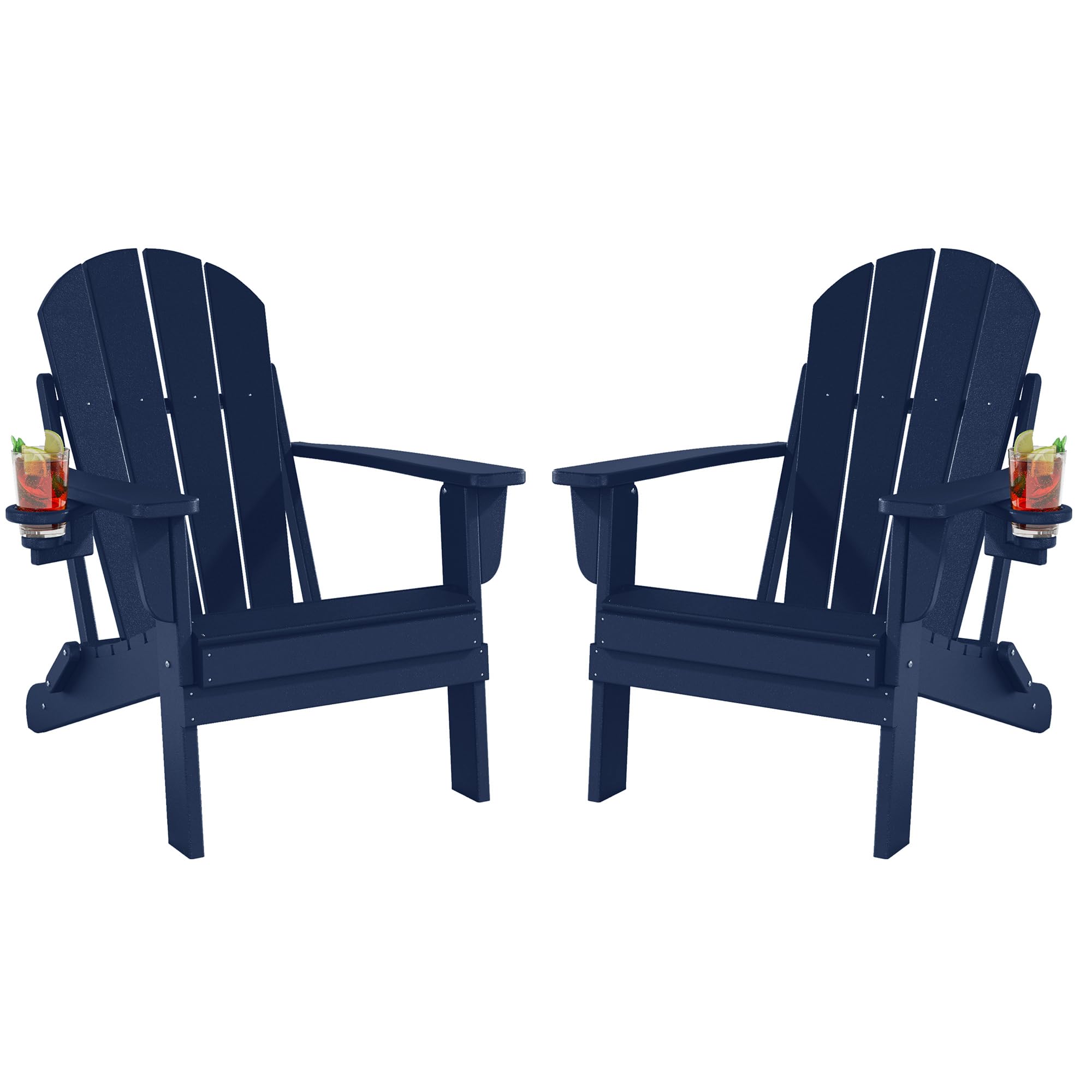2-Pack Folding Adirondack Chairs - All-Weather HDPE Outdoor Patio Chairs with Cup Holder - Heavy Duty 385lb Capacity - Navy Blue - Perfect for Backyard, Poolside, Camping & Firepit Relaxation