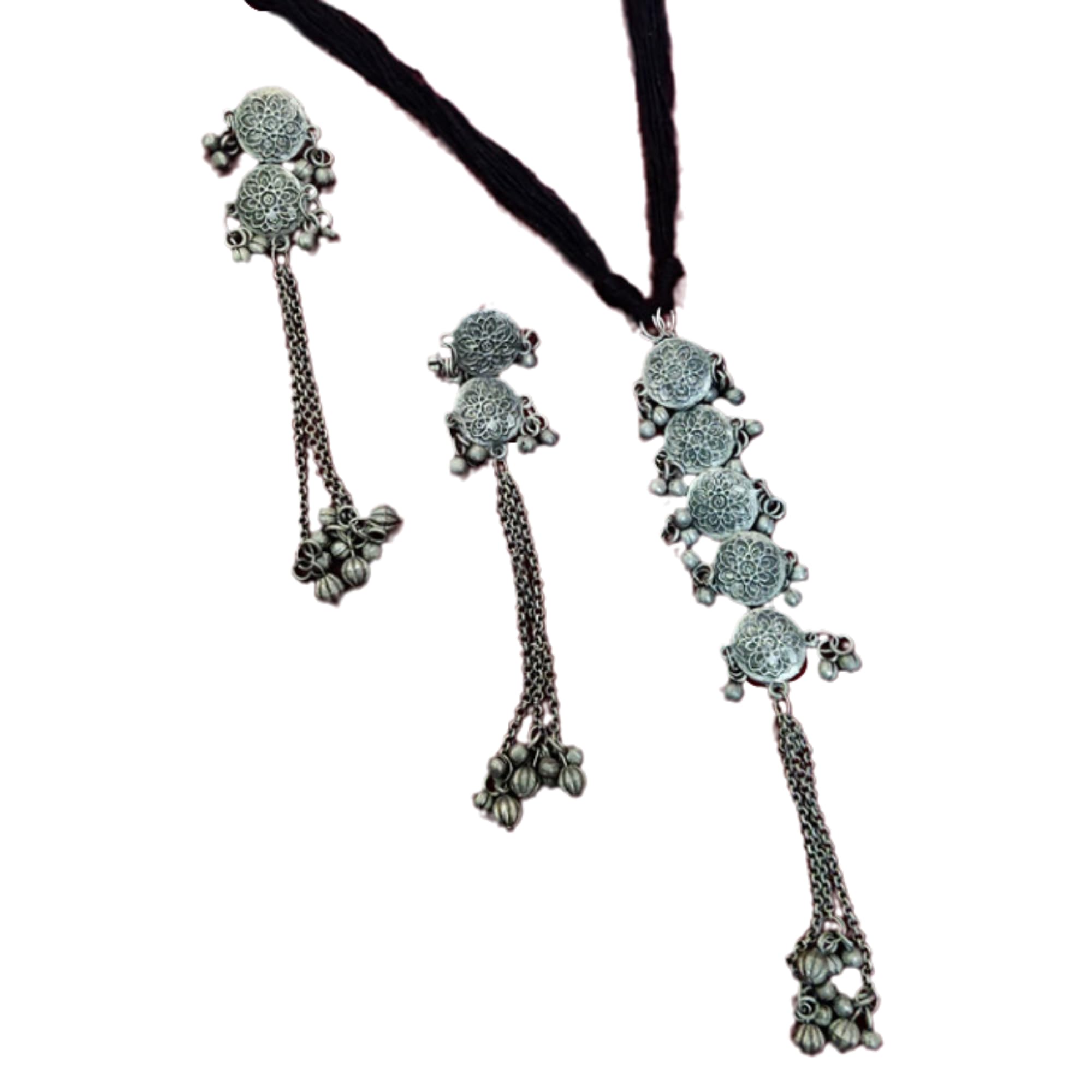 Oxidized Silver Long Necklace with Tassels & Earrings | Traditional Afghani Jewelry Set for Women & Girls | Handmade Floral Pendant Necklace | Perfect for Weddings, Parties & Ethnic Fashion