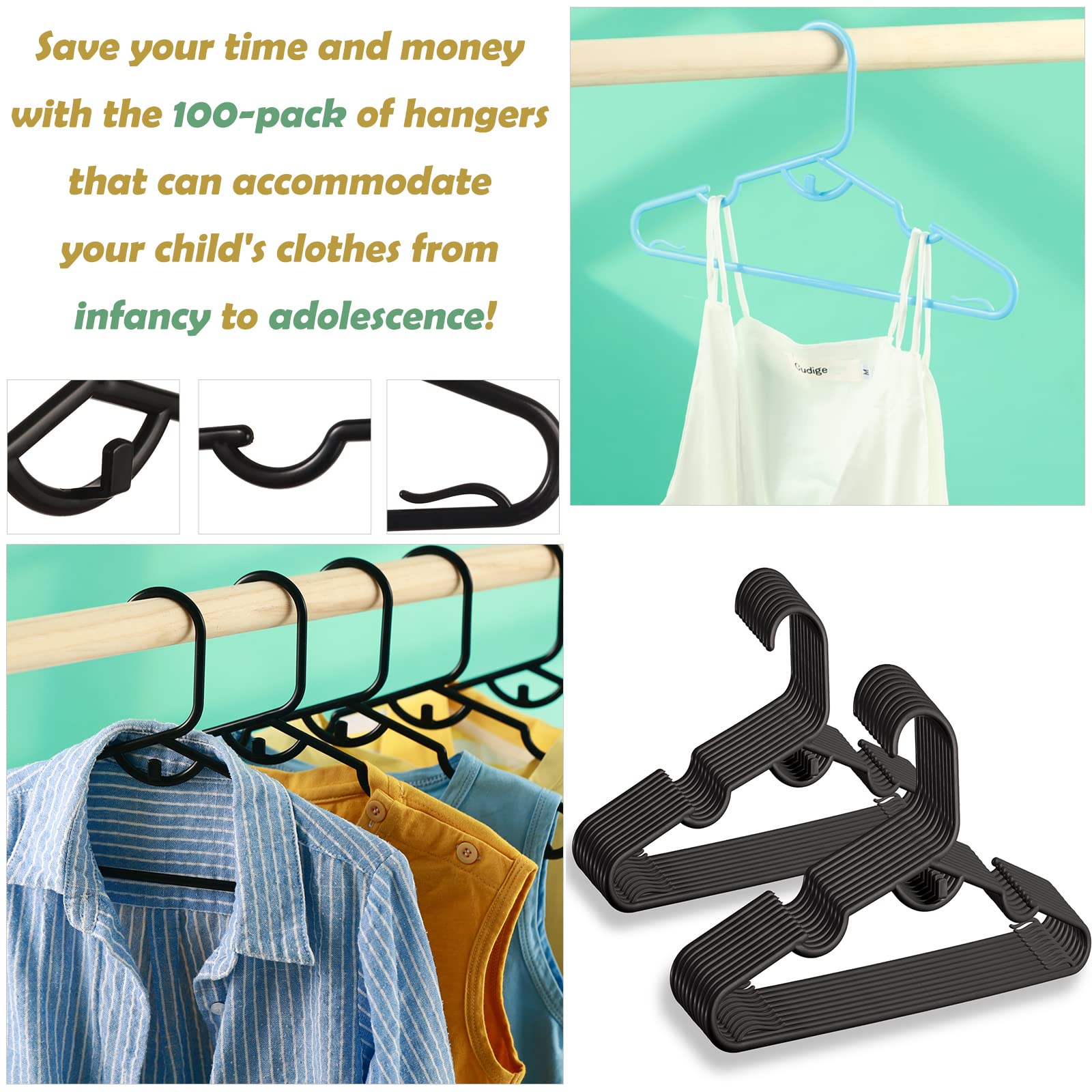 60 Pack Baby Clothes Hangers with Clips - Space Saving Plastic Hangers for Nursery, Kids, Newborn & Toddler - Stackable Closet Organizer (Black) - Perfect for Baby Shower Gifts & Nursery Organization
