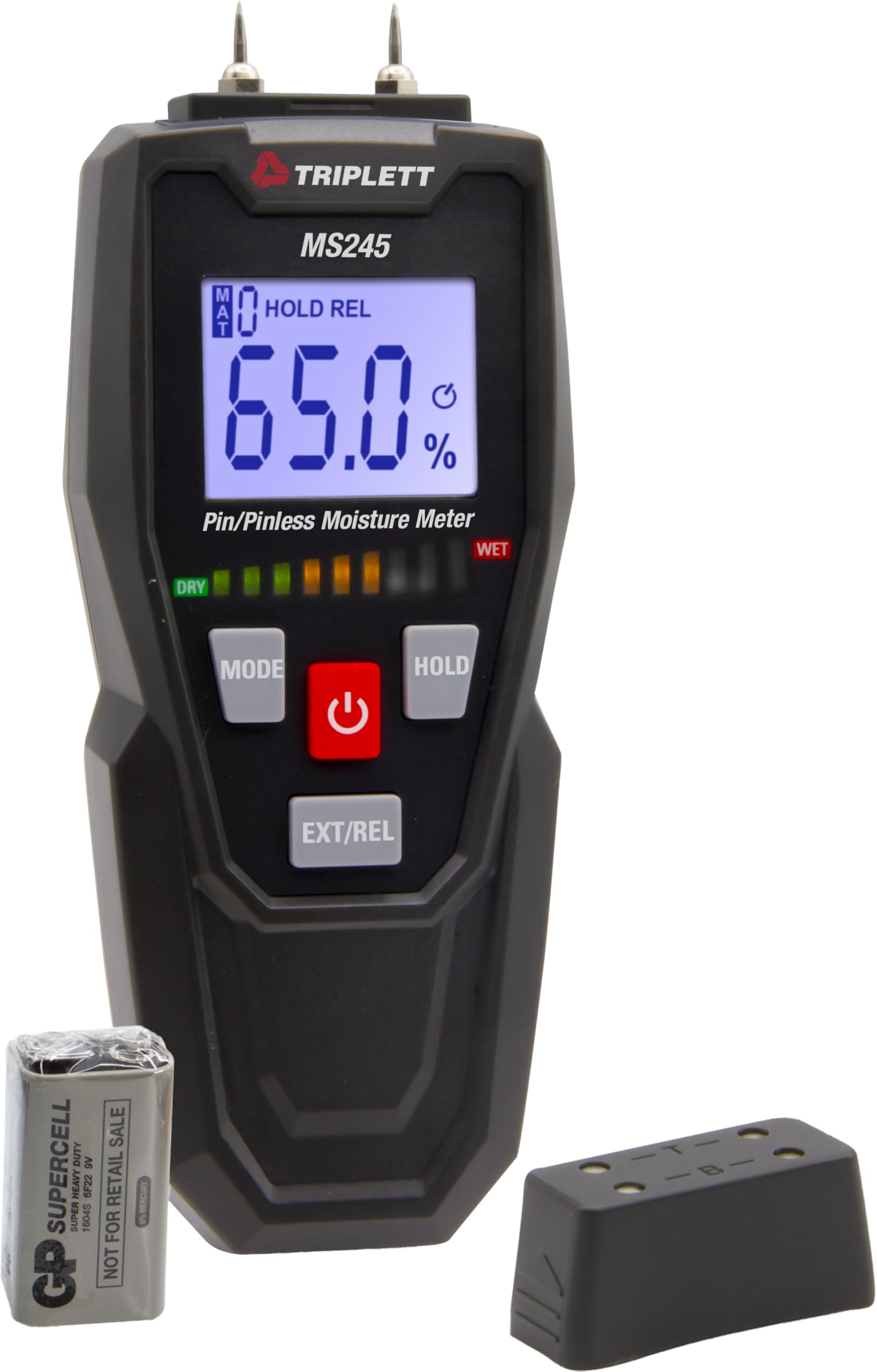 Triplett MS245 Digital Pin/Pinless Moisture Meter for Wood, Drywall, Concrete - Professional Building Material Tester with Audible Alarm & LCD Display - Perfect for Flooring, Lumber, Construction Inspection