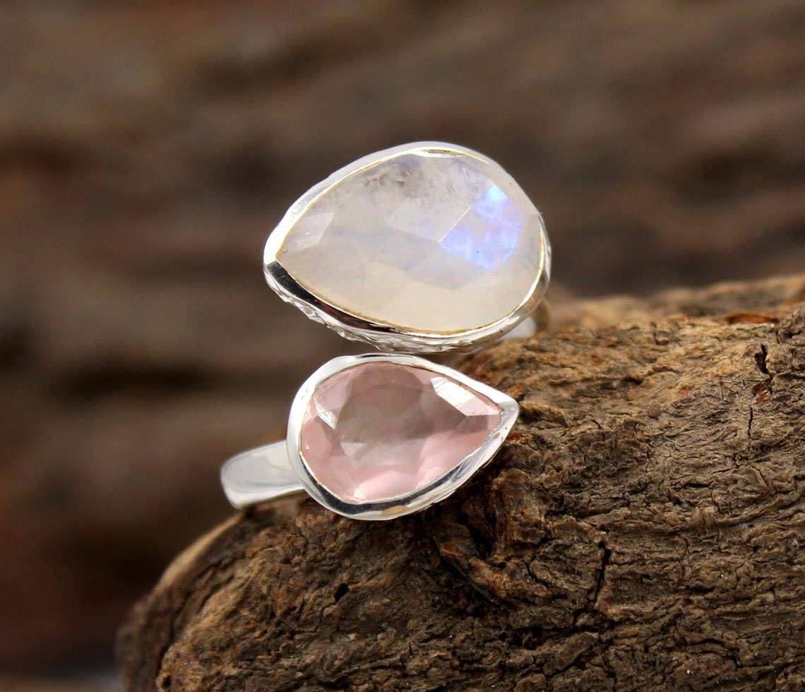 925 Silver Moonstone & Rose Quartz Front Open Ring - Unisex Anniversary & Valentine's Gift for Her/Him, Bridesmaid Jewelry - Perfect for Weddings, Proposals & Romantic Occasions