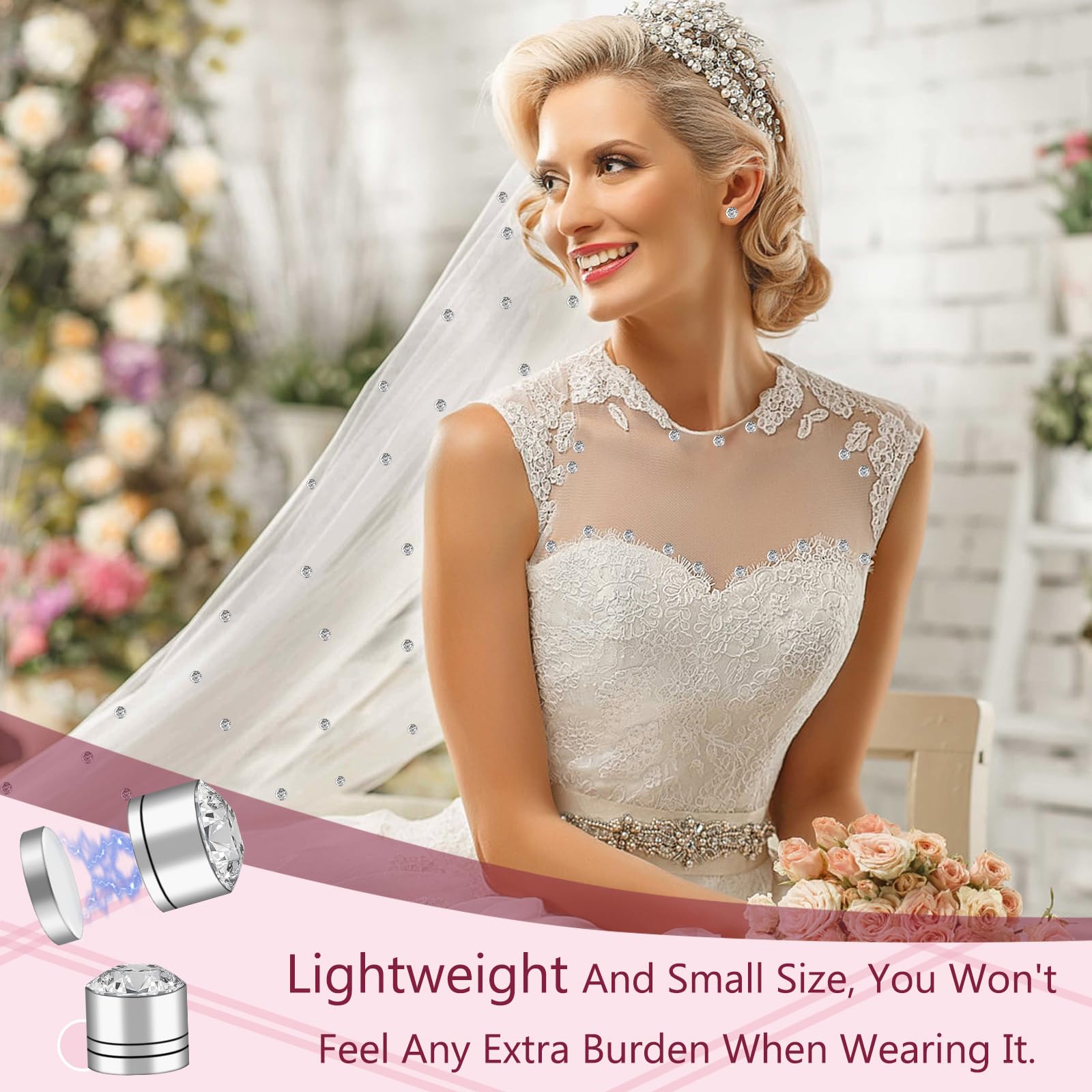 24-Piece Magnetic Rhinestone Veil Weights for Wedding Dress & Bridal Veil Accessories - Elegant Magnetic Diamonds for Securing Veils in Windy Conditions - Perfect for Outdoor Weddings, Beach Ceremonies & Formal Events
