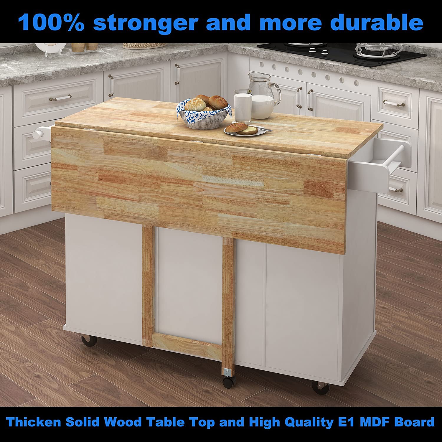 Upgraded Thick Wood Kitchen Island Cart with Wheels & Drop-Leaf Top - Large Folding Extendable Dining Table Cart with Storage Cabinet & 3 Drawers (White) | Perfect for Small Kitchens, Breakfast Nooks & Entertaining Guests