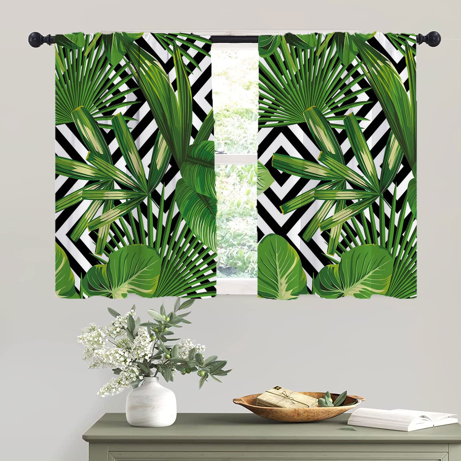 Tropical Palm Leaf Kitchen Curtains - 2 Panel Set with Black & White Geometric Background, Rod Pocket Design for Half Windows (42x36 Inches, Green) - Perfect for Bathroom, Basement & Jungle-Themed Decor