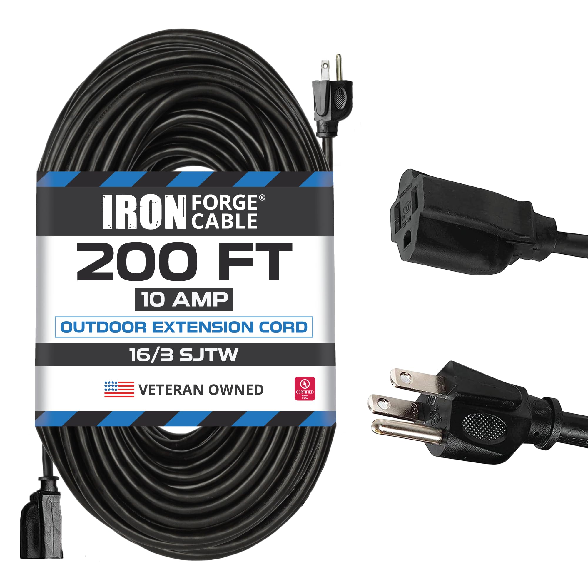 200 ft Heavy Duty Outdoor Extension Cord - 16 Gauge SJTW Weatherproof Power Cable with 3 Prong Plug for Outdoor Lights, Lawn Equipment & Landscaping | US Veteran Owned | Perfect for Backyard, Patio & Workshop Use