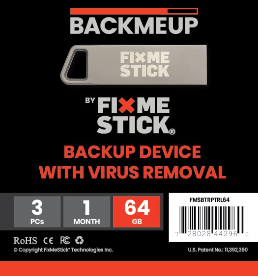 BackMeUp with FixMeStick - Unlimited Virus Removal & Backup Device for Windows PCs - Protect Up to 3 PCs for 1 Year - Ideal for Home & Office Use