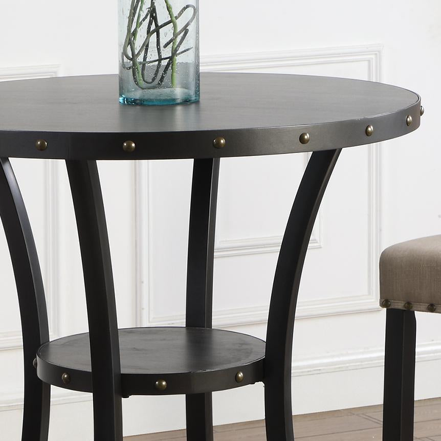Roundhill Furniture Biony 3-Piece Round Bar Table Set with 2 Fabric Nailhead Pub Chairs - Espresso Finish & Beige Upholstery | Perfect for Kitchen, Dining Room, or Home Bar Decor