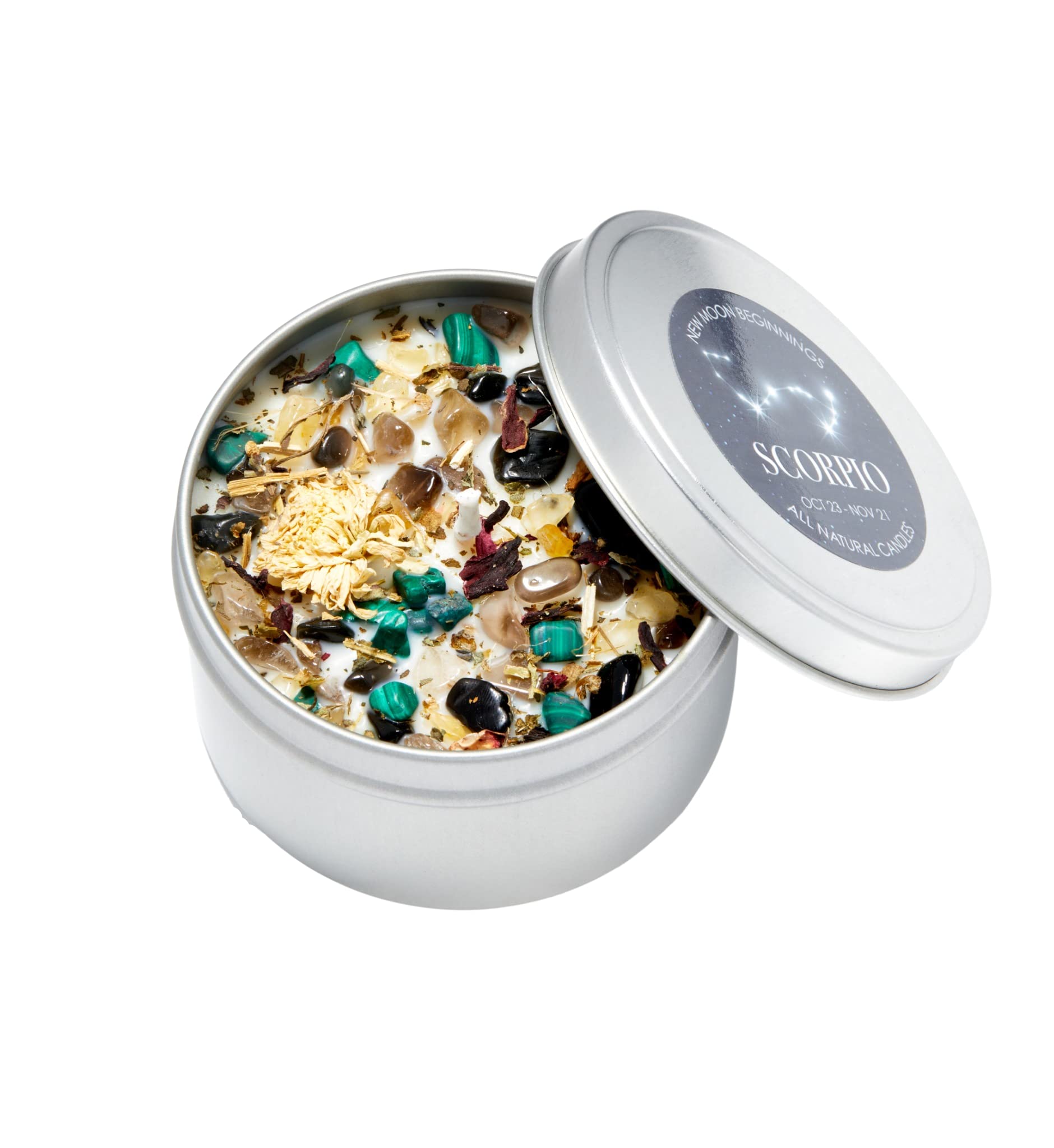 Scorpio Zodiac Soy Candle (Oct 23-Nov 21) - Natural Aromatherapy Horoscope Gift with Crystal - 8oz Tin Candle for Meditation, Relaxation & Home Decor
