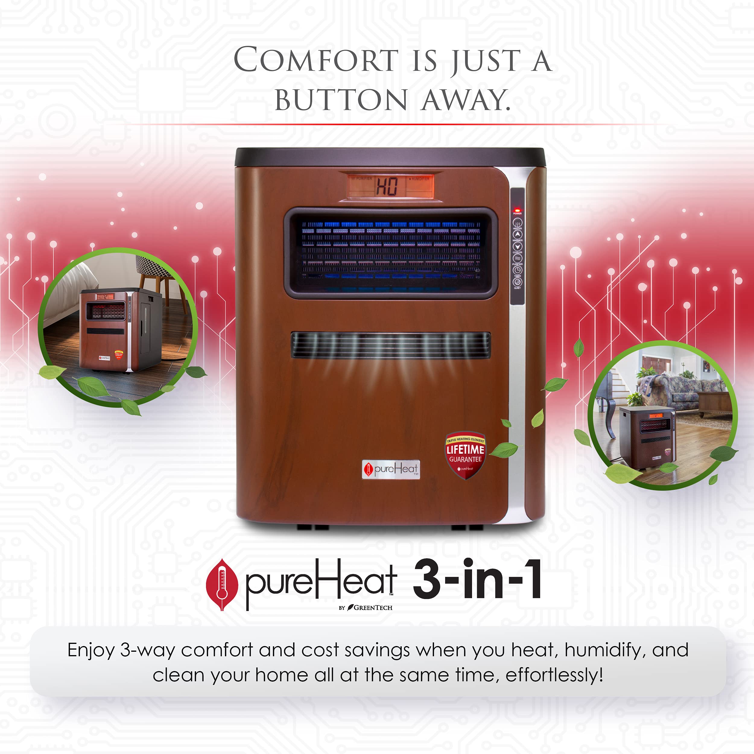 GreenTech Environmental pureHeat 3-in-1 Heater, Humidifier & Air Purifier Combo - Space Saving Personal Heater with Air Purification & Humidifying Function - Perfect for Home, Bedroom, Office & Camping Use - Quiet Operation & Energy Efficient