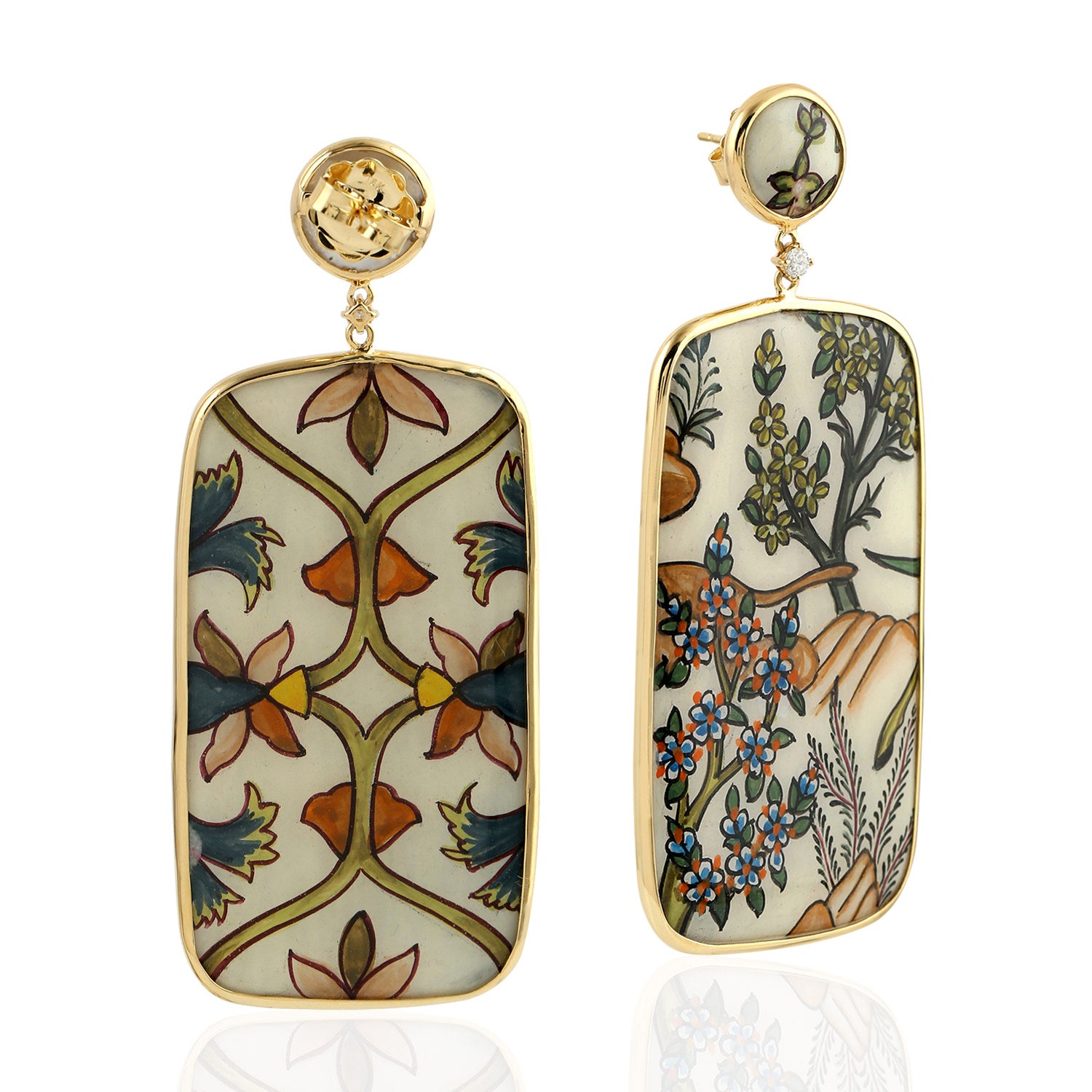 Gold Cushion Cut Mother of Pearl Prong Set Diamond Leaf Enamel Dangle Earrings - Perfect for Weddings, Parties & Special Occasions