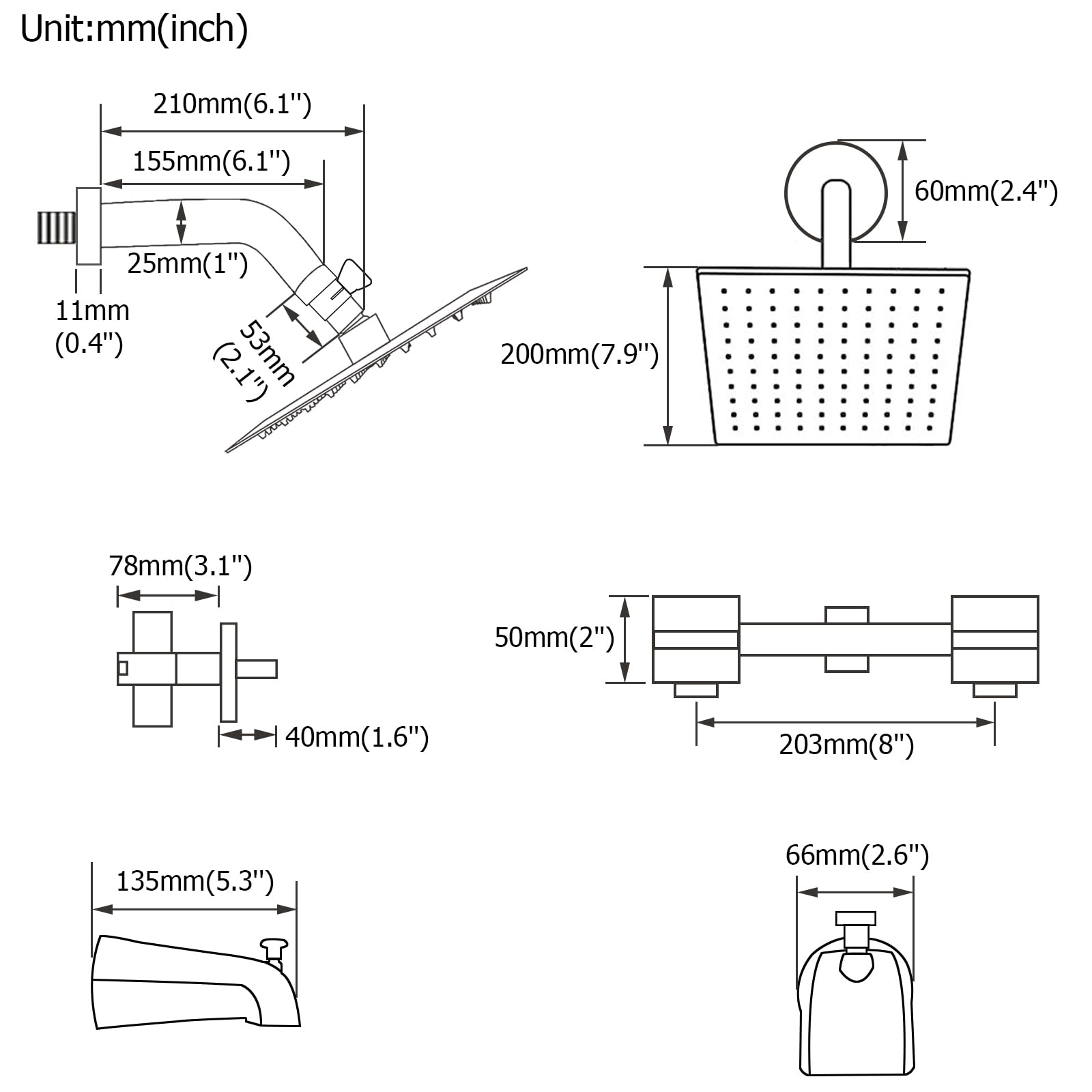 2 Handle Matte Black Shower Faucet Set with Tub Spout & 8