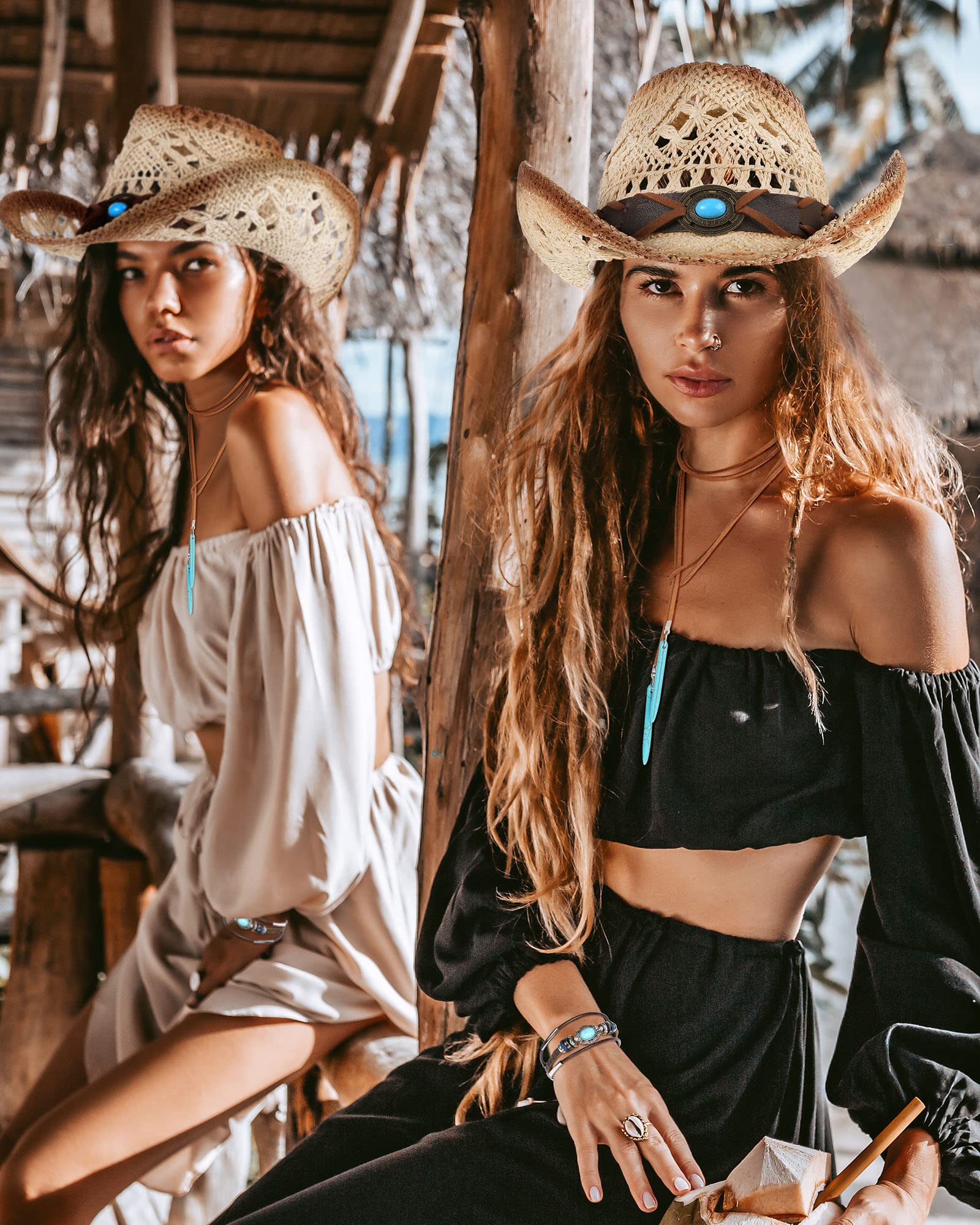 4 Pcs Bohemian Jewelry Set for Women - Vintage Turquoise Necklace, Bracelet, Earrings & Cowboy Hat - Perfect for Music Festivals, Beach Vacations & Boho Fashion