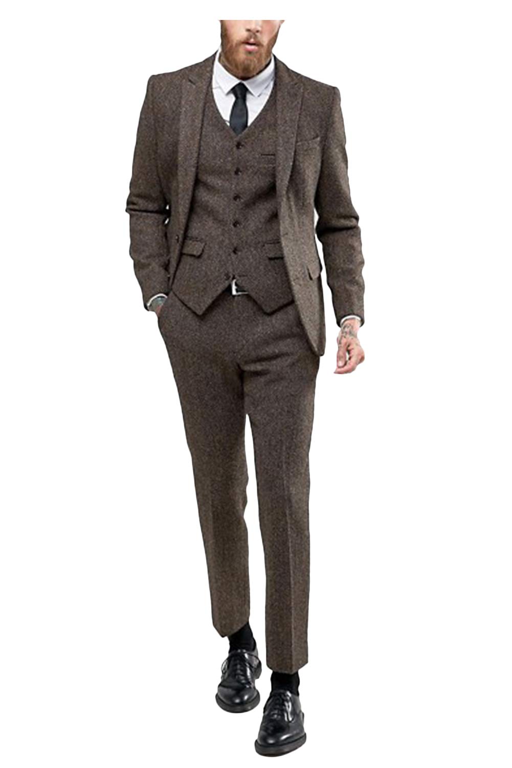 Wemaliyzd Men's 3-Piece Formal Suit Set - Notch Lapel Tweed Blazer, Vest & Dress Pants (Coffee, Size 50R) | Business Attire, Office Wear, Wedding & Special Occasion Outfit