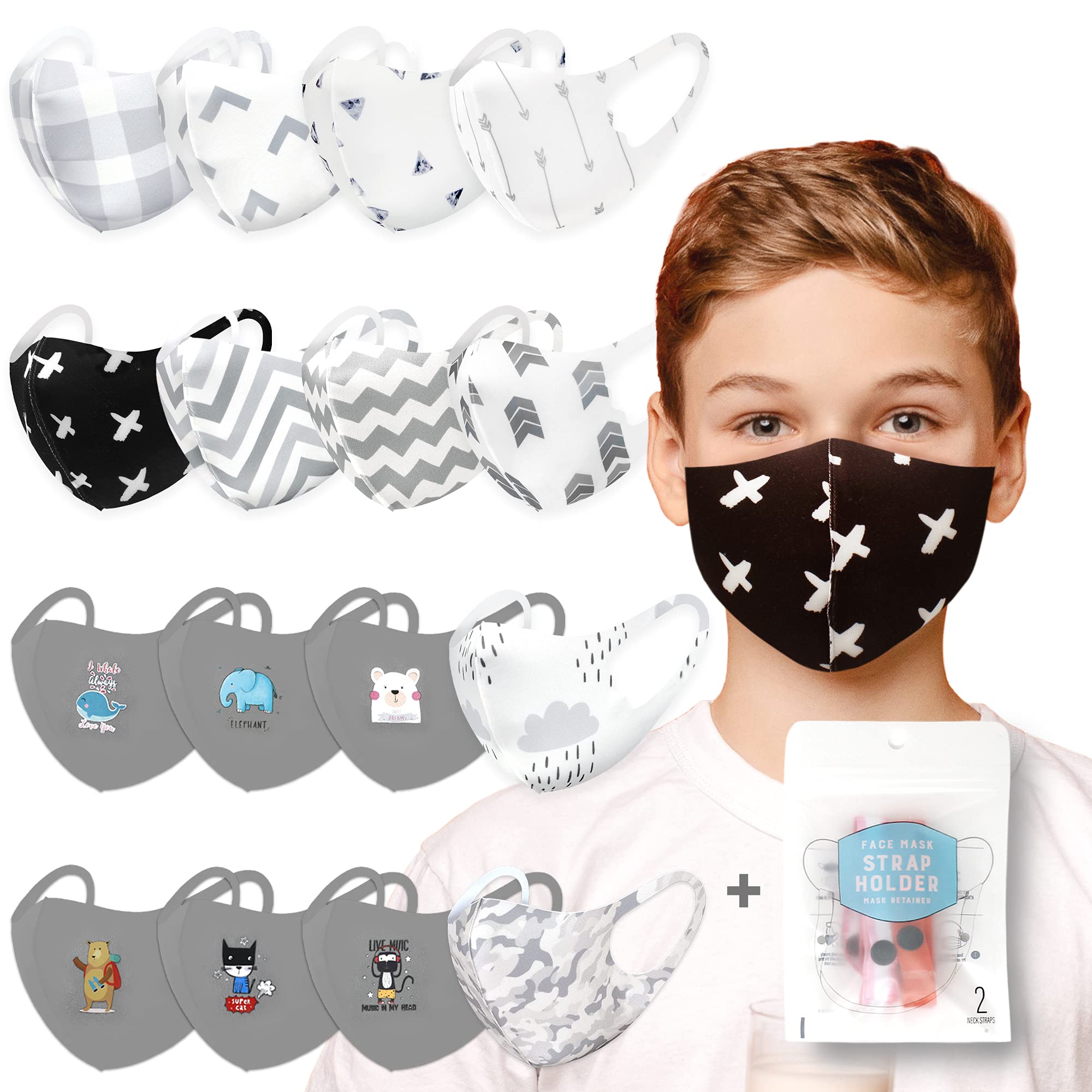 16 Pack Unisex Kids Cloth Face Masks - Lightweight, Washable & Reusable - Assorted Fashion Patterns (Set B) - Perfect for School, Travel & Daily Protection