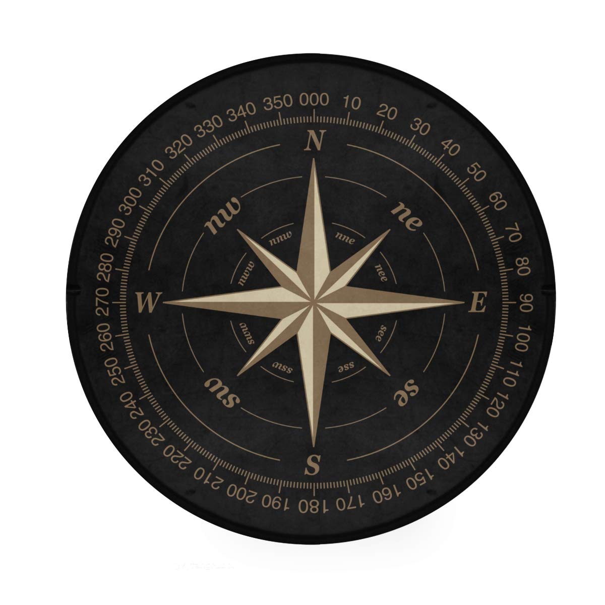 ALAZA Compass Rose Black Round Area Rug 3' Diameter (92 cm) - Soft Non-Slip Floor Mat for Living Room, Bedroom, Nursery & Office Decor