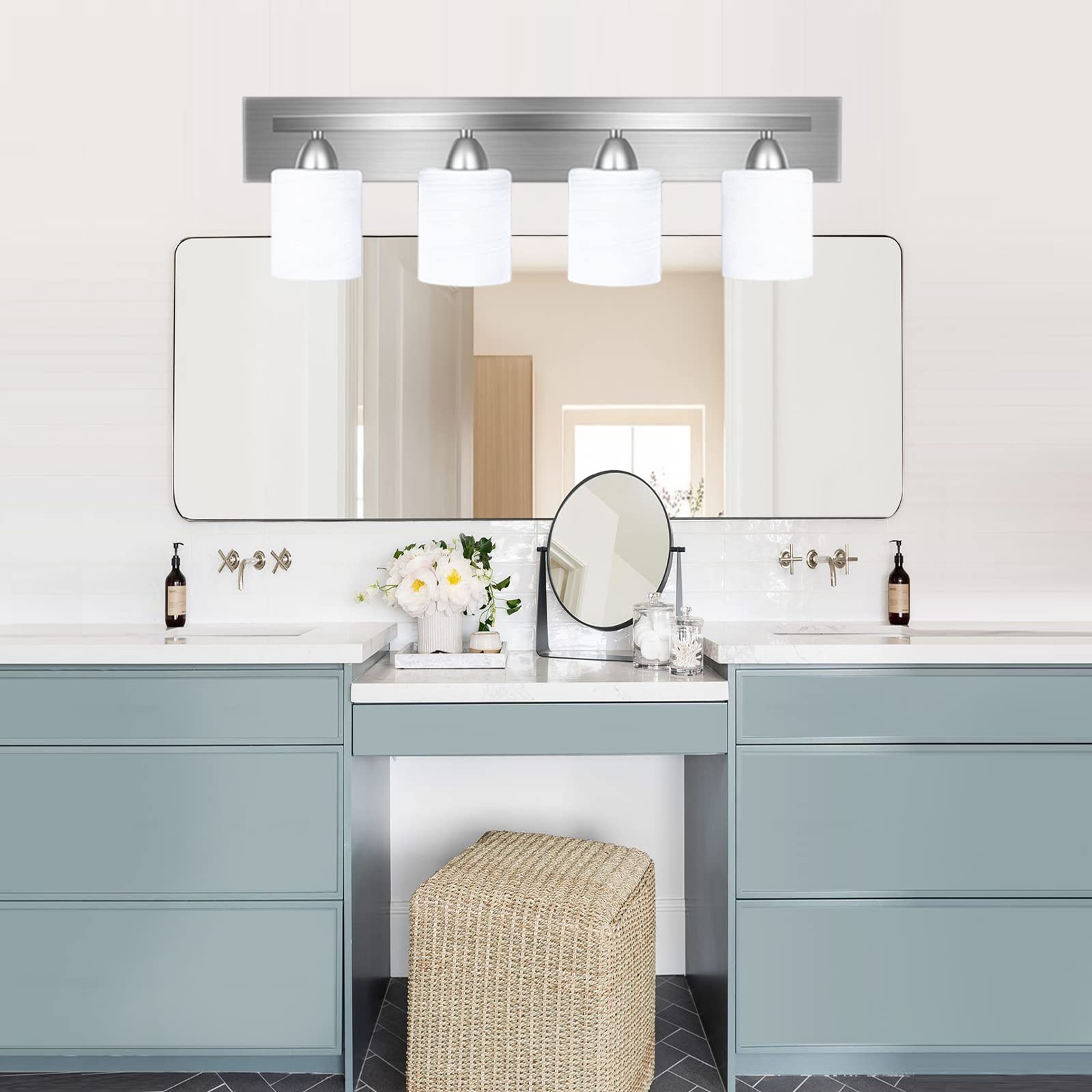 PARTPHONER 4-Light Bathroom Vanity Light Fixture Set - 5 Piece All-in-One Bathroom Accessories Including Towel Ring, Robe Hook & Toilet Paper Holder in Brushed Nickel with White Frosted Glass - Perfect for Modern Bathroom, Master Bath & Powder Room Decor