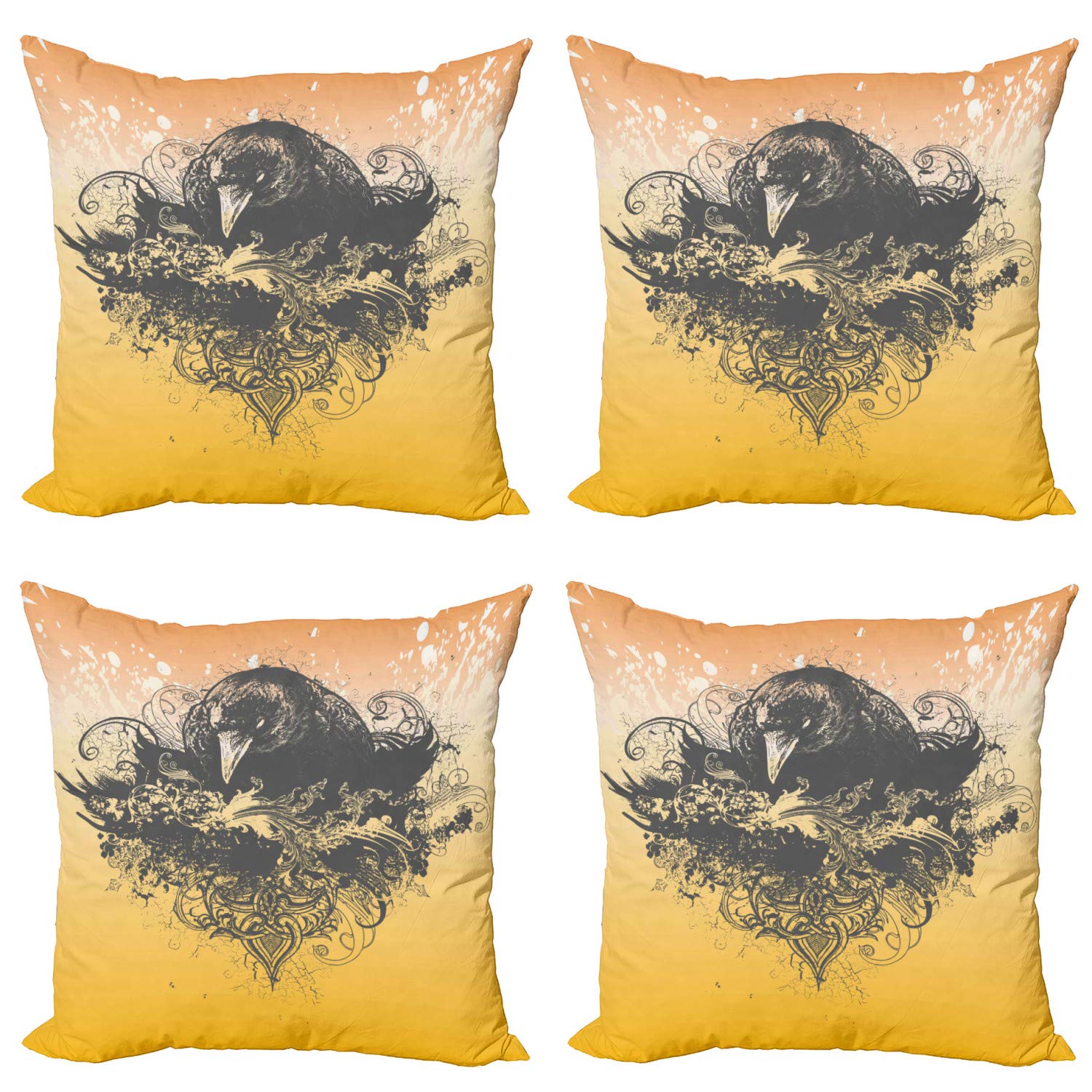 Ambesonne Halloween Throw Pillow Covers Set of 4 - 24 Inch Wicked Crow & Floral Print Cushion Covers for Sofa, Living Room, Bed, Car - Black & Mustard Home Decor for Fall, Thanksgiving, Gothic Style