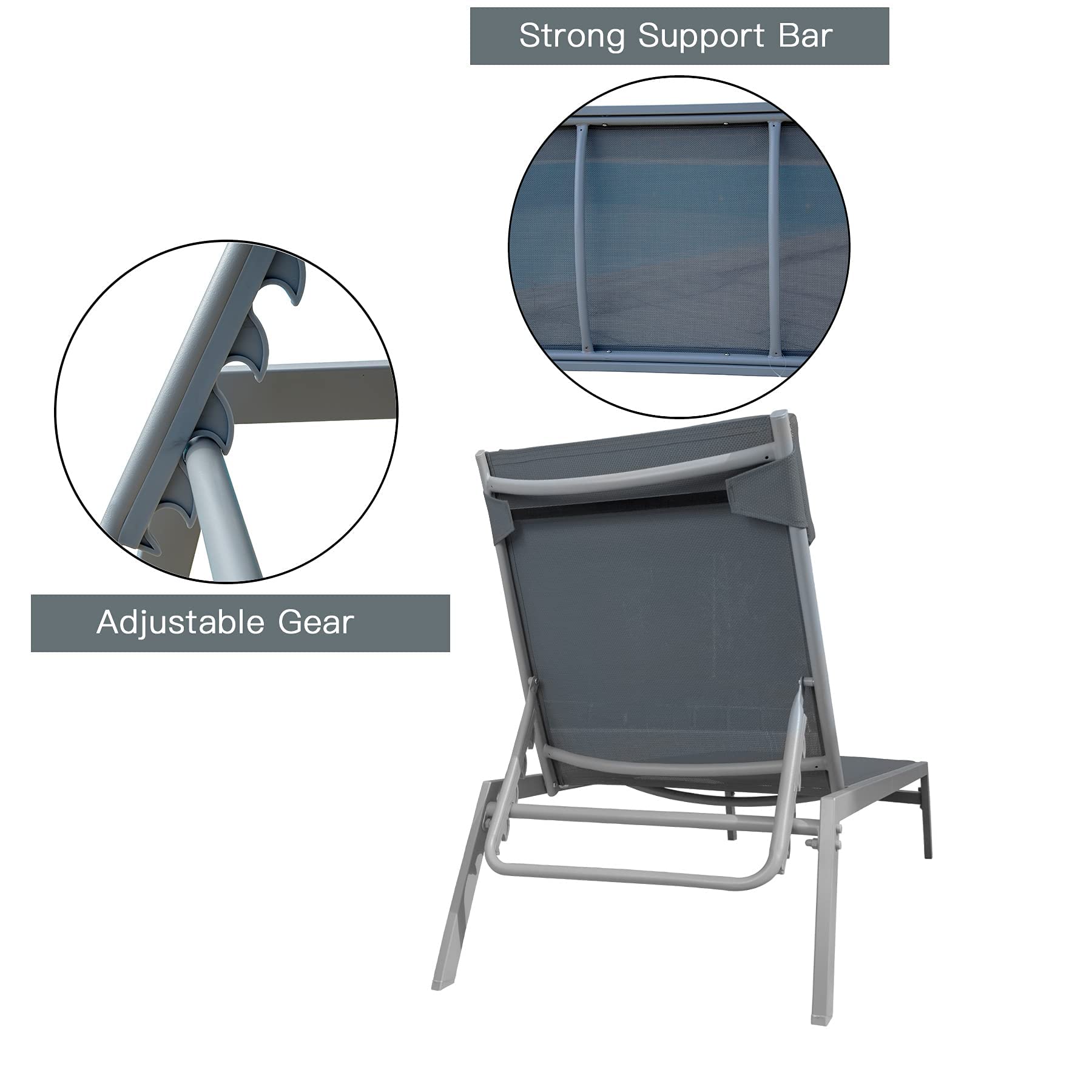 Domi Patio Chaise Lounge Set - 5-Position Adjustable Pool Lounge Chairs with Breathable Textilene Fabric, Headrest & Side Table - Sturdy Steel Frame Outdoor Furniture (Grey) - Perfect for Poolside Relaxation, Backyard Lounging & Patio Decor