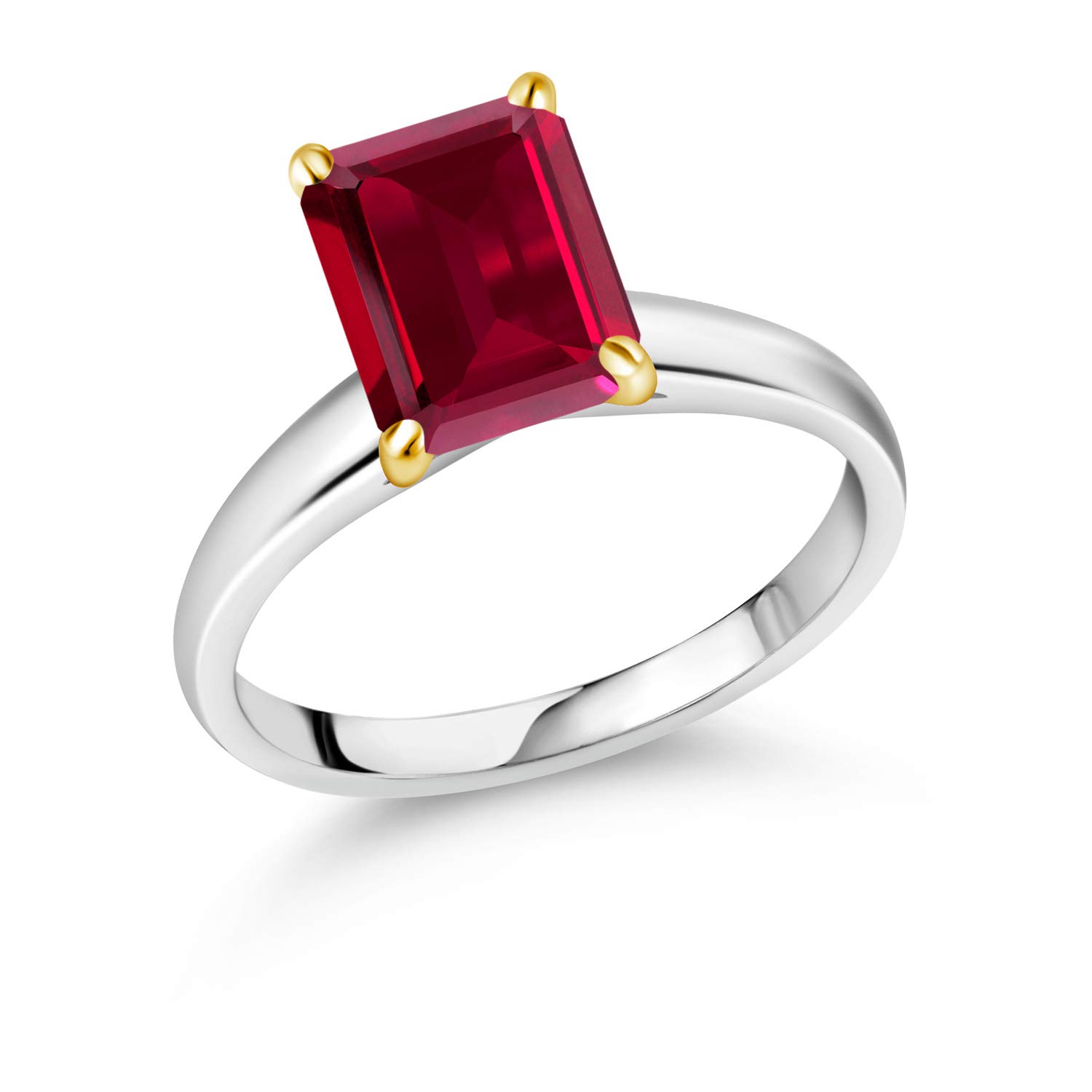 3.80 Ct Red Created Ruby 10K White Gold Ring with Yellow Gold Prongs - Gem Stone King | Elegant Engagement, Anniversary Gift for Women
