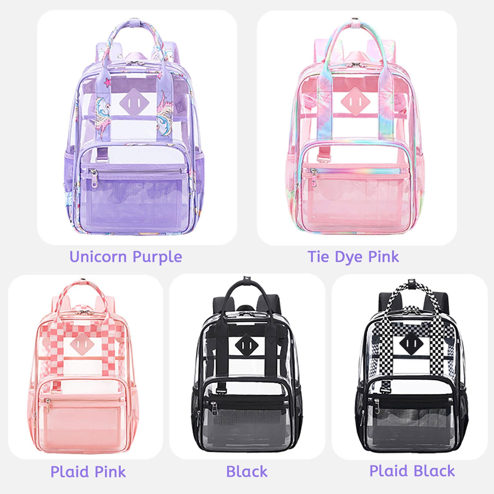 KEBEIXUAN Heavy Duty Clear Backpack - Transparent School Backpack with Multiple Pockets for Students, Work & Travel (3-Piece Set, Plaid Black) | Perfect for Concerts, Stadium Events & Airport Security