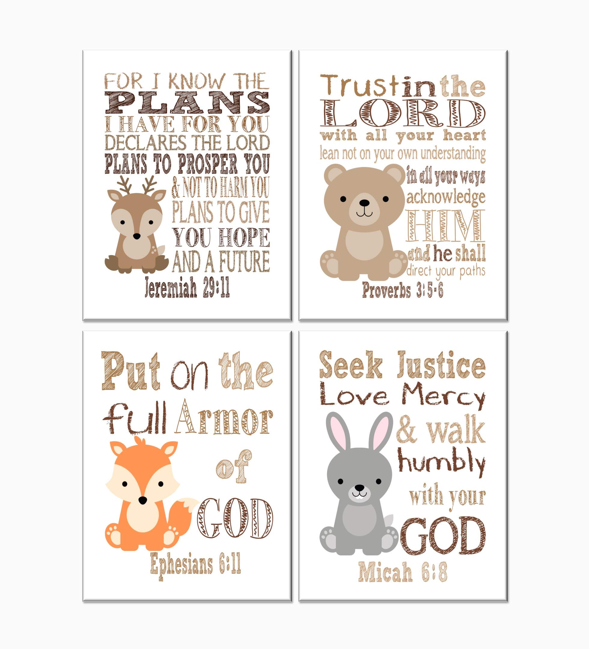 Woodland Animal Nursery Decor Set of 4 - Deer, Bear, Fox & Rabbit Wall Art Prints for Kids Room, Playroom & Baby Shower Gifts - Inspirational Wildlife Themed Nursery Decorations