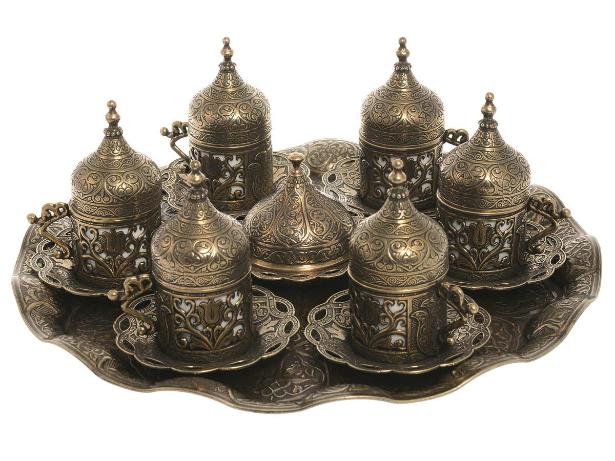 Authentic Green 6-Piece Turkish Espresso Coffee Cup Set with Saucers & Lids - Traditional Ottoman Tulip Motif (Lale) - Perfect for Home, Cafe & Gift Giving - Multiple Color Options Available