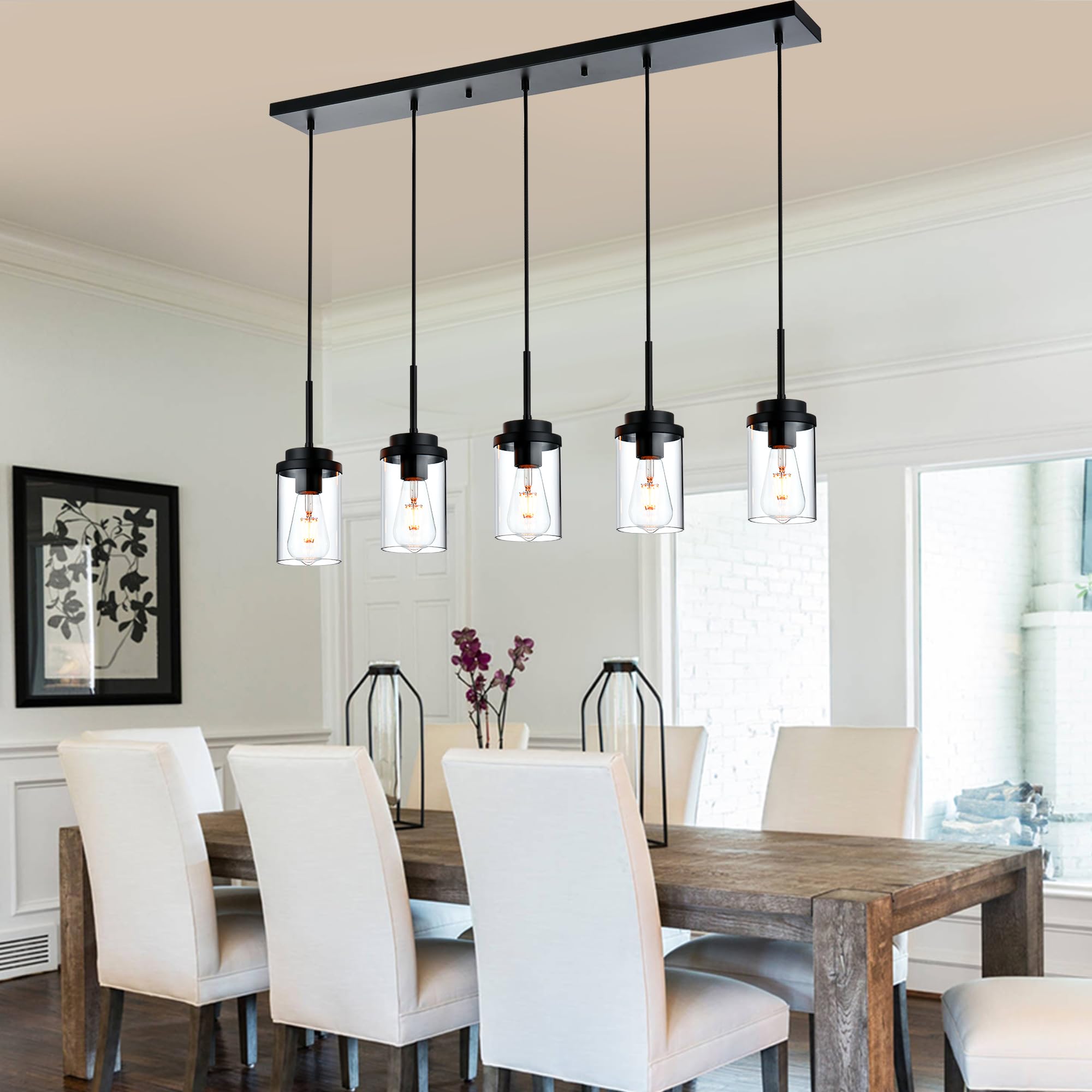 Modern Industrial Farmhouse Chandelier - Black Linear Pendant Light with Clear Glass Shade for Dining Room, Kitchen Island & Foyer | Rustic Ceiling Lighting Fixture for Home Decor & Restaurant Ambience