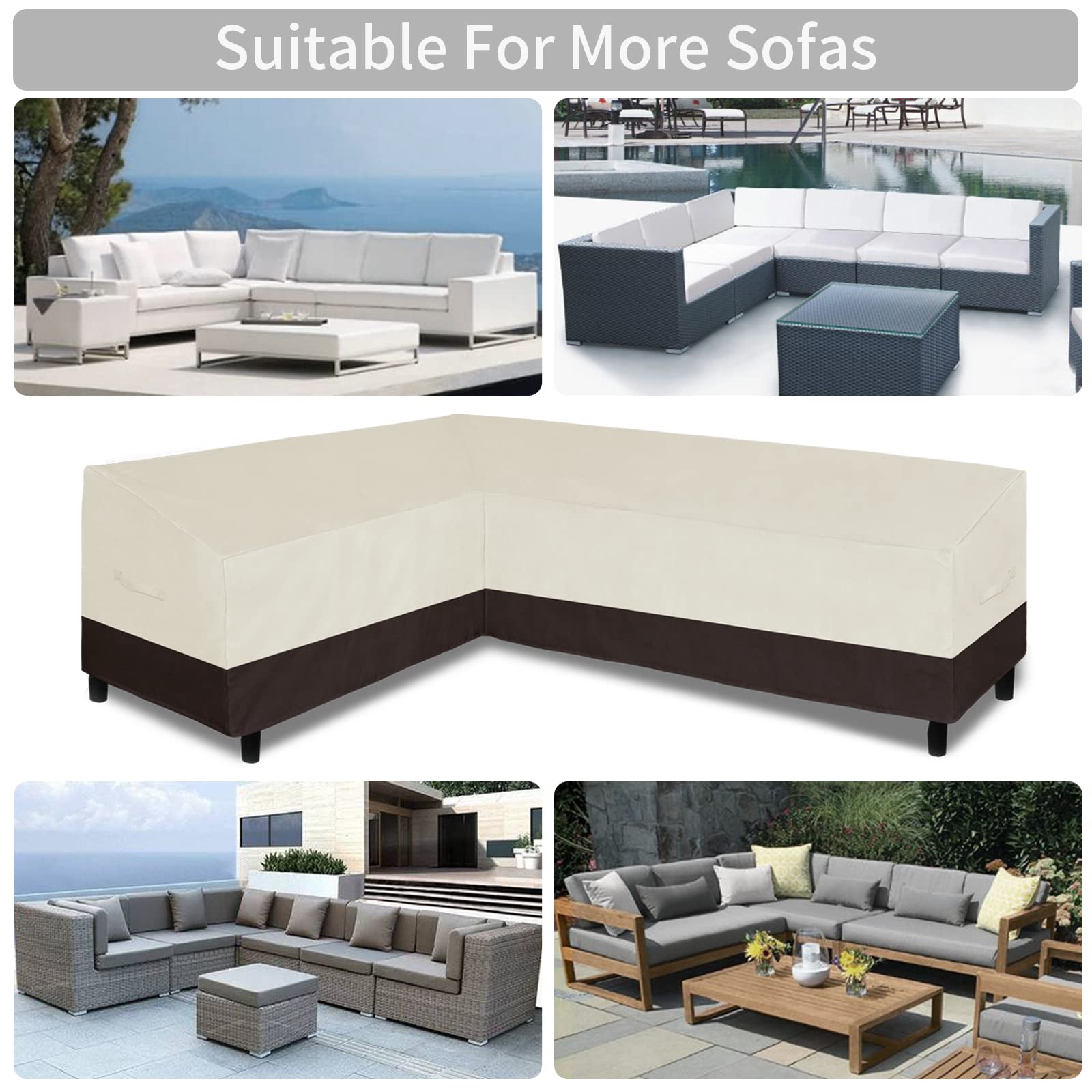 Waterproof L-Shaped Patio Sectional Sofa Cover - Heavy Duty Outdoor Furniture Protector with Air Vents (Left Facing, Beige/Dark Brown) - Perfect for Garden, Deck & Backyard Use