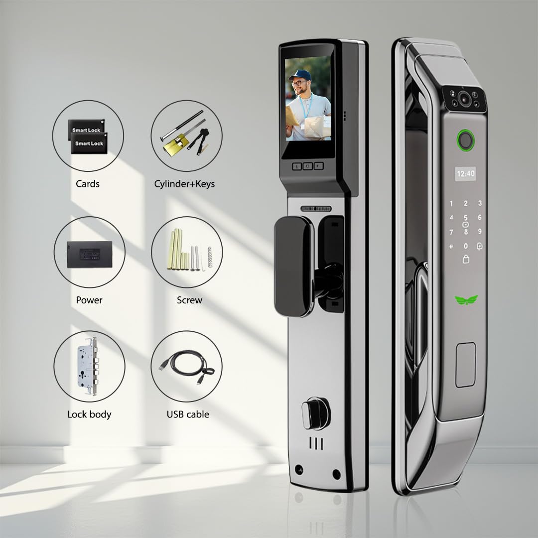 Smart Wi-Fi Door Lock with 3D Face Recognition, Fingerprint, Passcode, IC Card & Key - Video Doorbell & Intercom, Keyless Mortise Lock - USmart App Compatible for Home Security & Smart Access Control - Perfect for Apartments, Vacation Homes & Airbnb Rentals