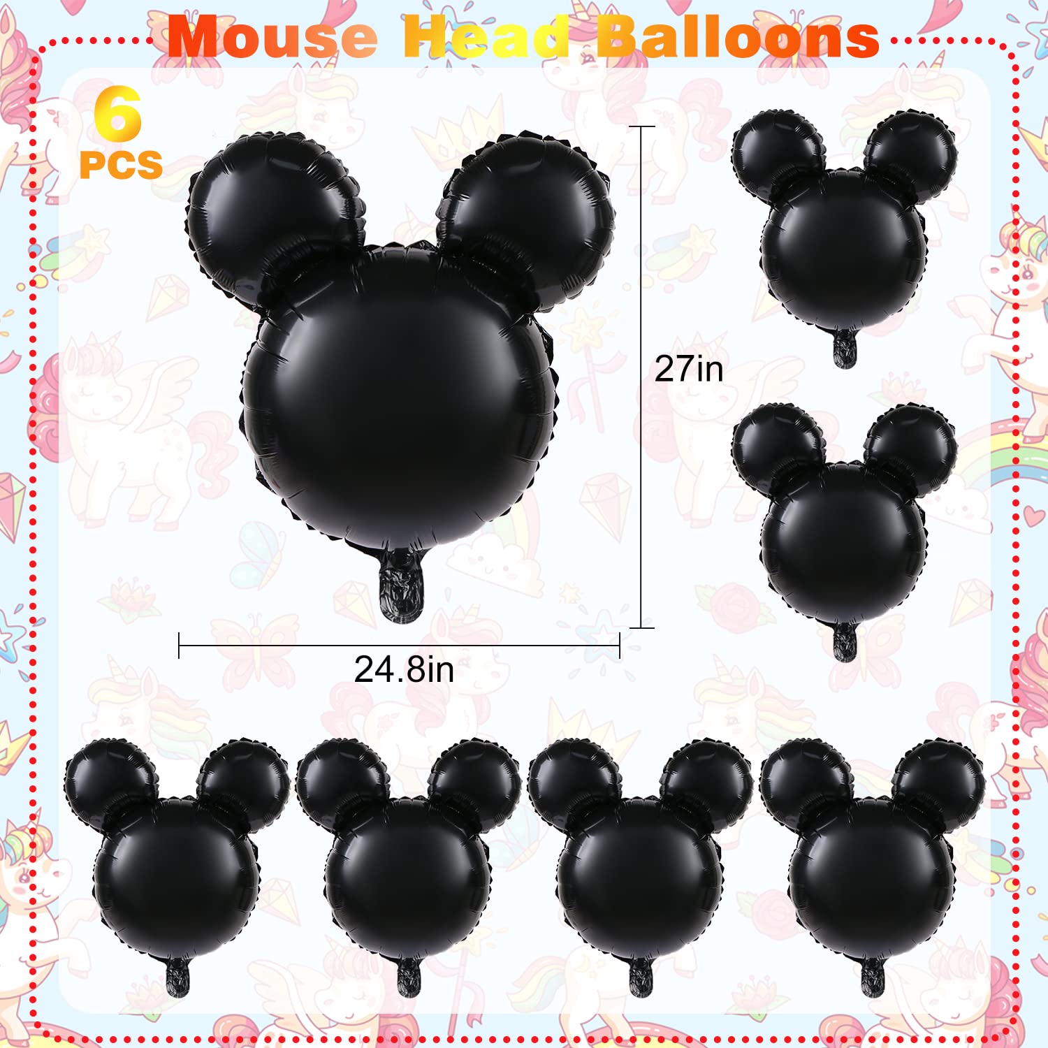 LIYDE 6 Pack 24 Inch Black Mouse Head Foil Balloons for Birthday Party Decorations, Baby Shower Decor - Perfect for Disney Themed Parties, Kids Room Decor & Photo Backdrops