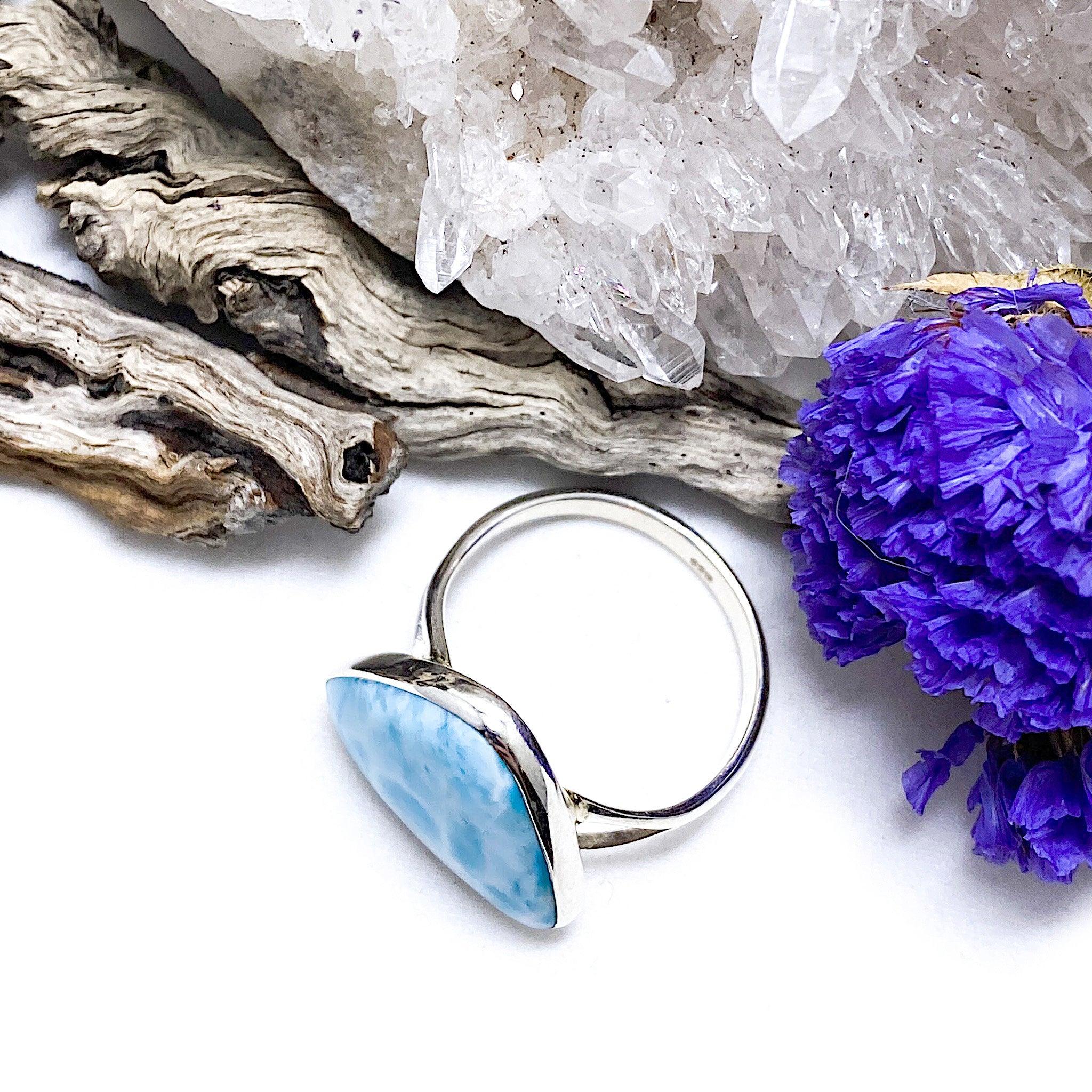 Larimar Teardrop Ring - Sterling Silver 925, Handmade Jewelry, Unique Gemstone Ring for Women - Perfect for Beach Weddings, Boho Fashion & Everyday Elegance